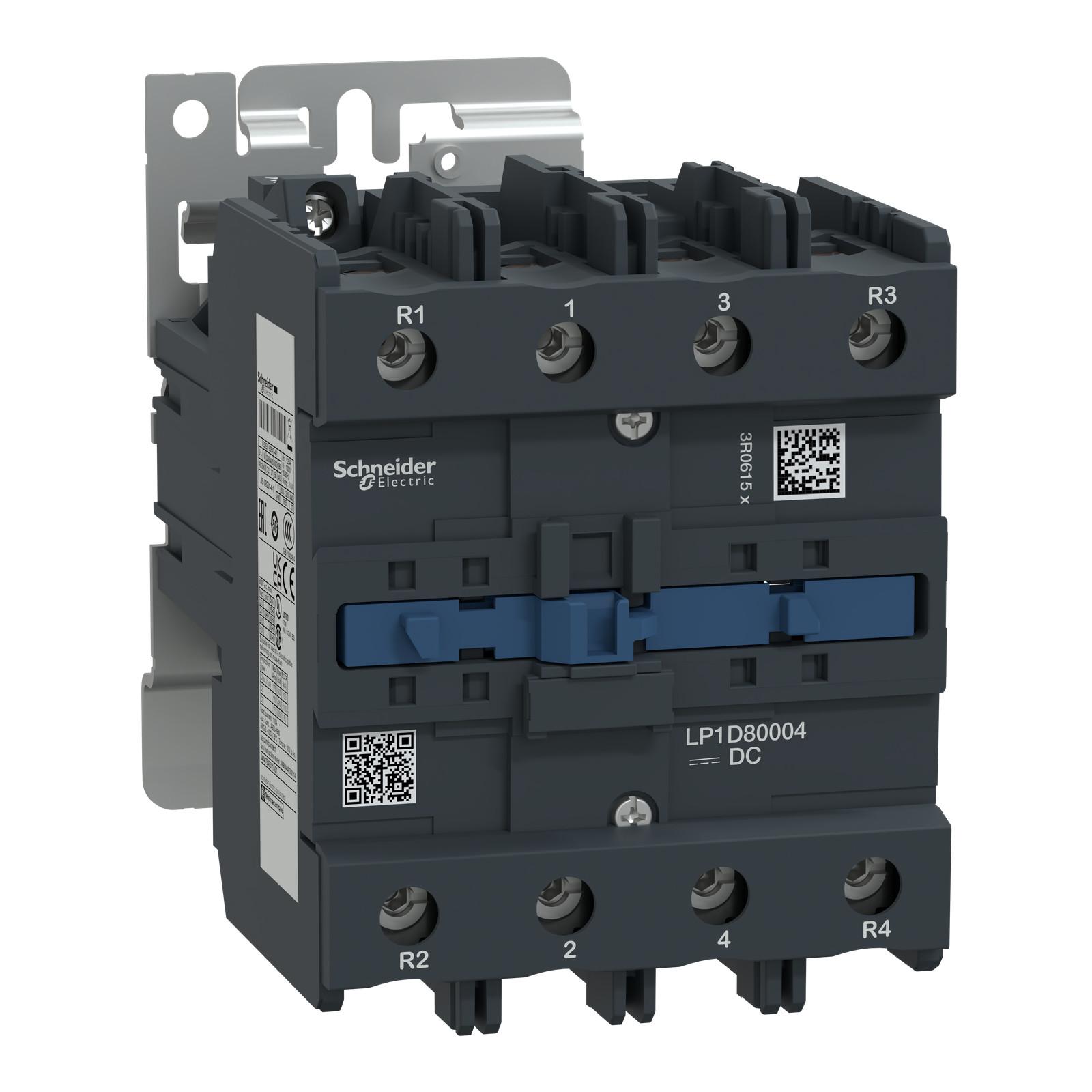 IEC contactor, TeSys Deca, nonreversing, 125A resistive, 4 pole, 4 NO, wide range 24VDC coil, open style