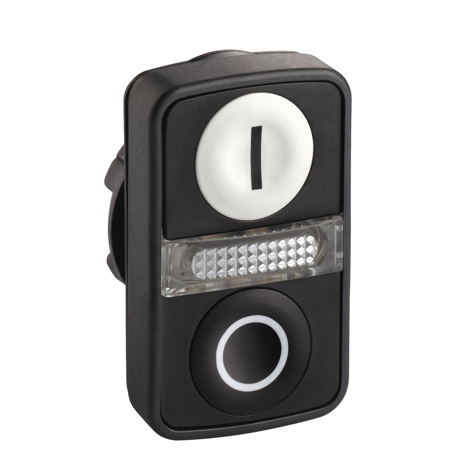Illuminated double headed push button head, Harmony XB5, plastic, 22mm, 1 white flush marked I + 1 pilot light + 1 black flush marked O