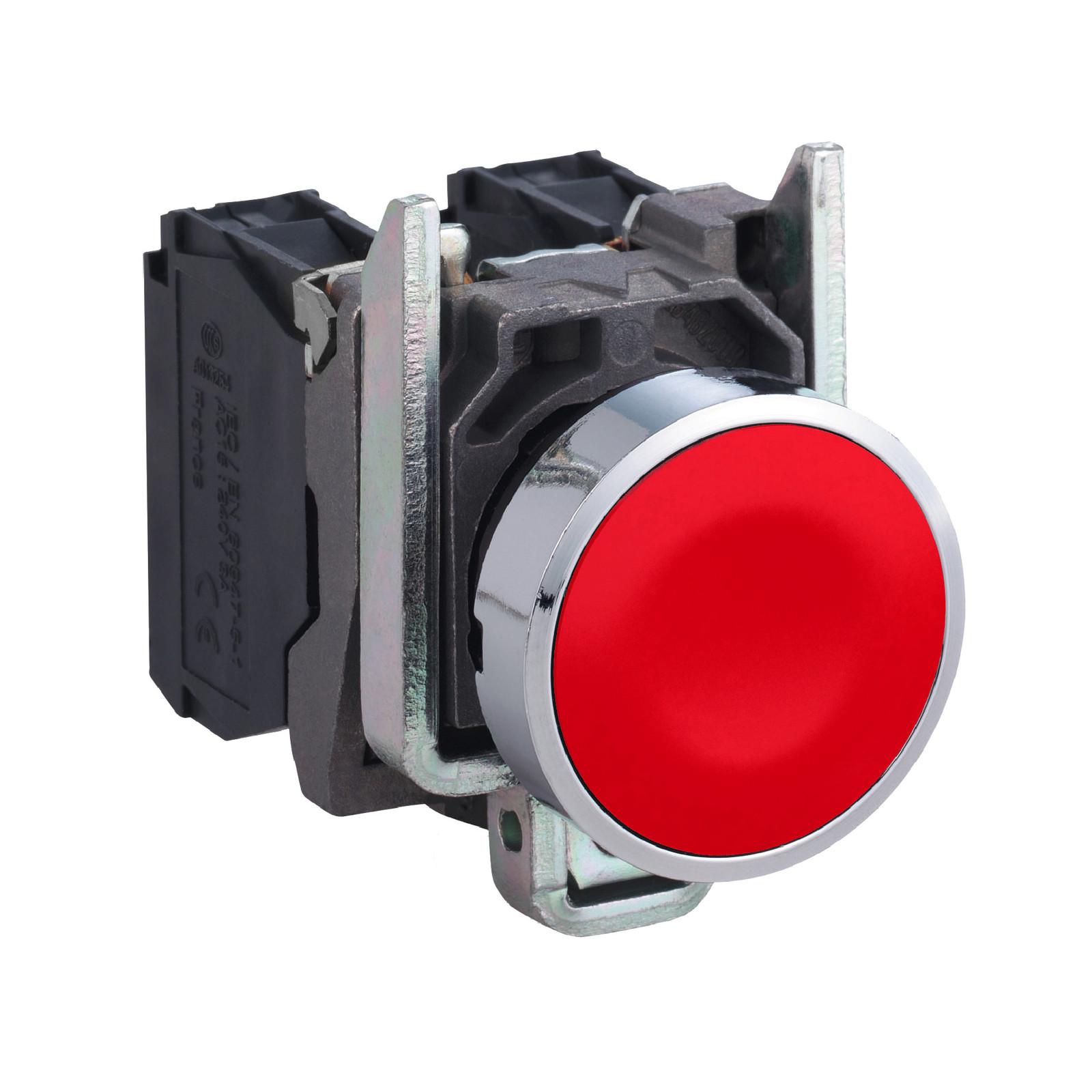 Push button, Harmony XB4, metal, flush, red, 22mm, spring return, unmarked, 1NO+1NC