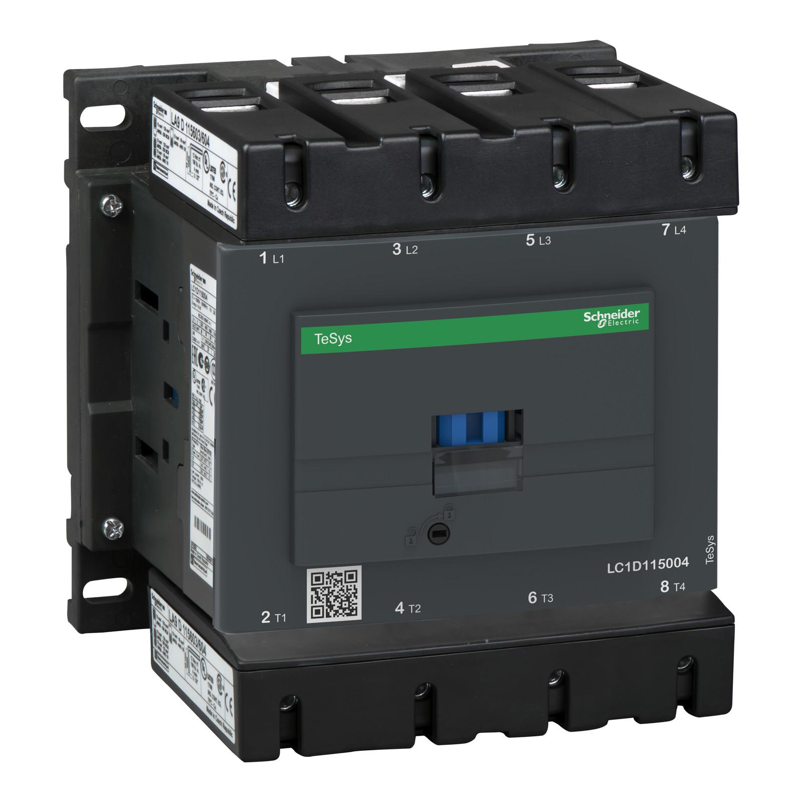 IEC contactor, TeSys Deca, nonreversing, 200A resistive, 4 pole, 4 NO, 24VDC coil, open style