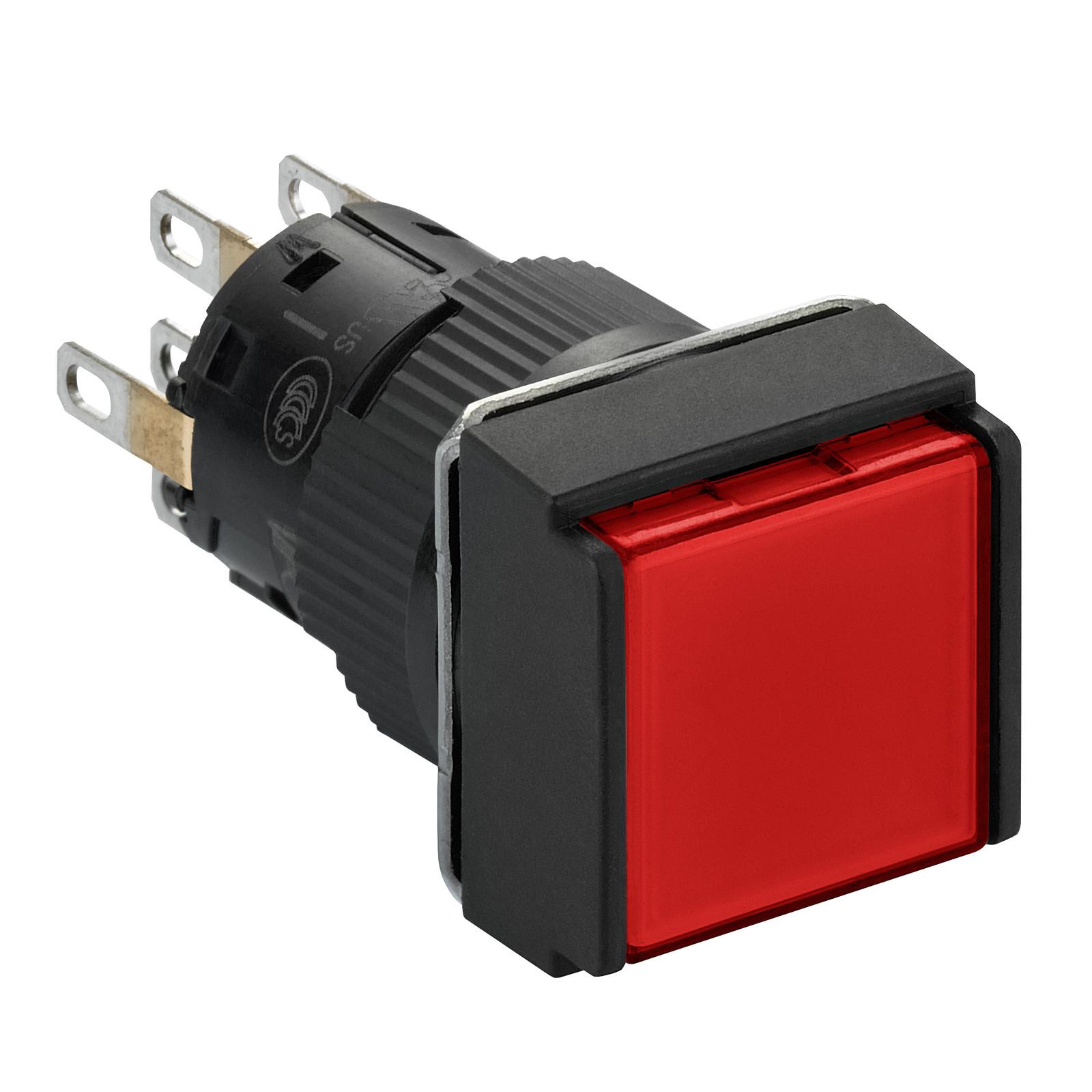Illuminated monolithic push button, Harmony XB6E, square red flush, 16mm, latching, 24V DC, 2CO