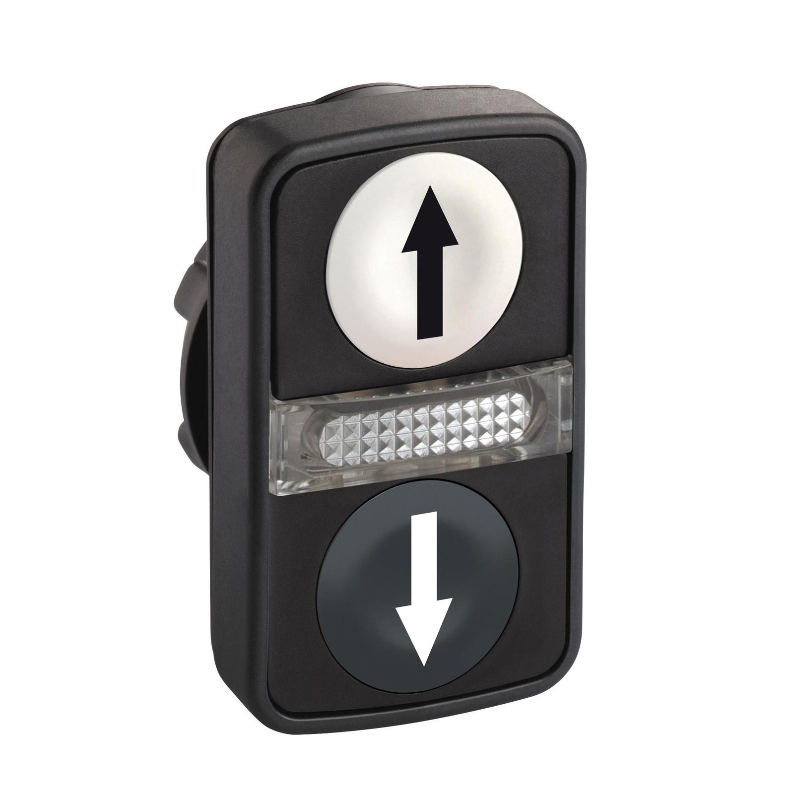 Head for illuminated double headed push button, Harmony XB5, 2 white black flush, 22mm, 1 central pilot light, marked up down arrow