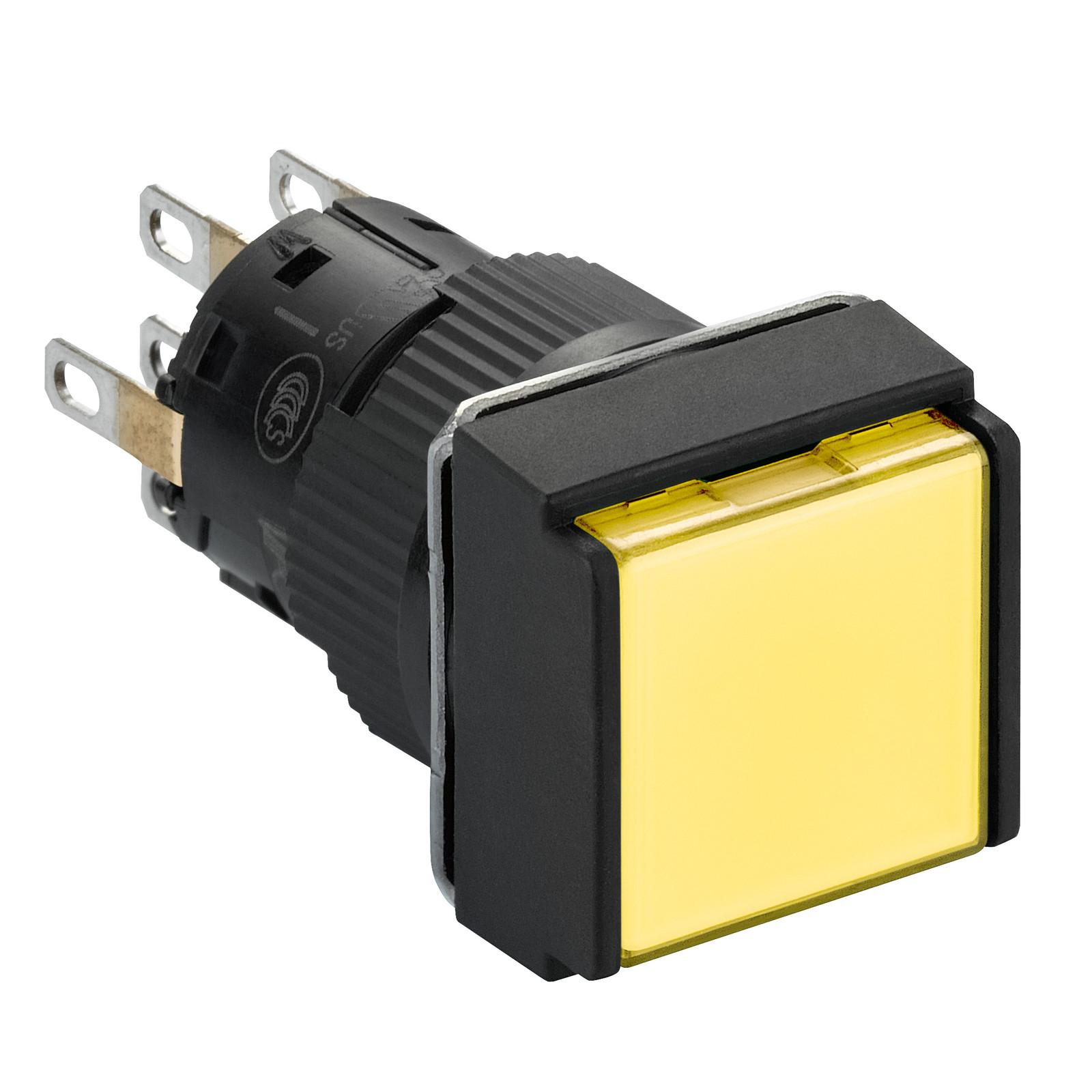 Illuminated monolithic push button, Harmony XB6E, square yellow flush, 16mm, spring return, 24V DC, 2CO