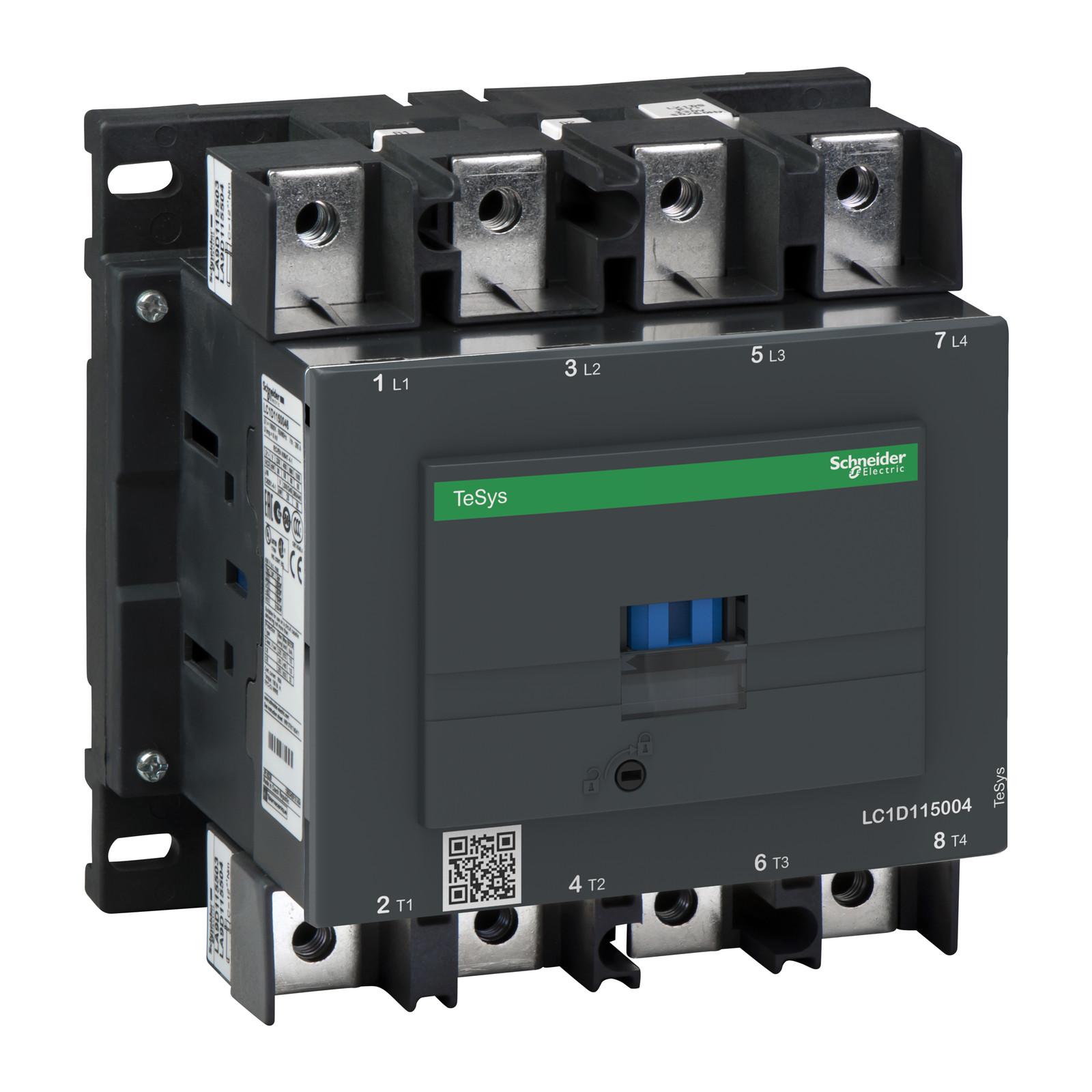 IEC contactor, TeSys Deca, nonreversing, 200A resistive, 4 pole, 4 NO, 24VDC coil, open style