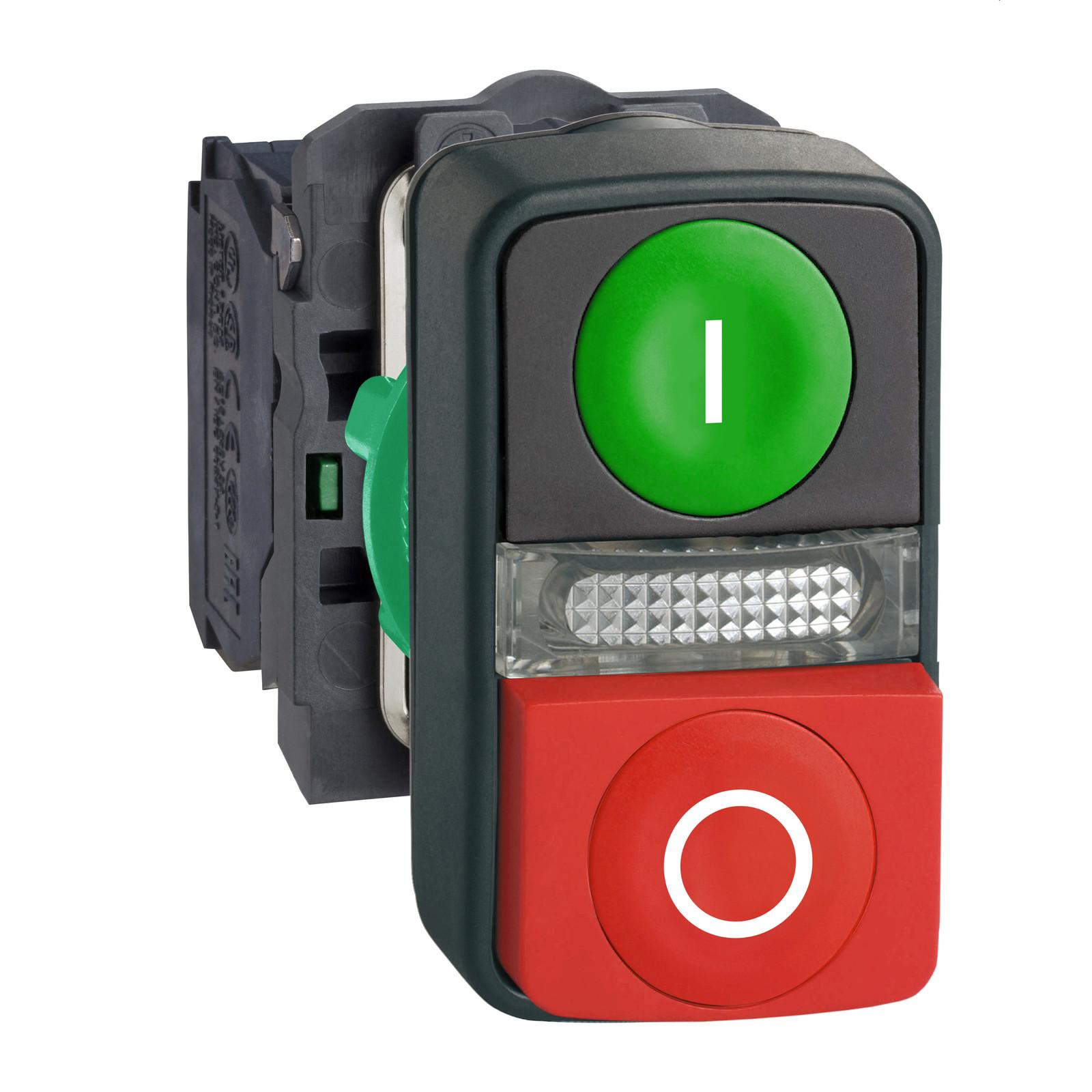 Illuminated double headed push button, Harmony XB5, plastic, 22mm, 1 green flush I + 1 pilot light + 1 red projecting O, 1 NO + 1 NC