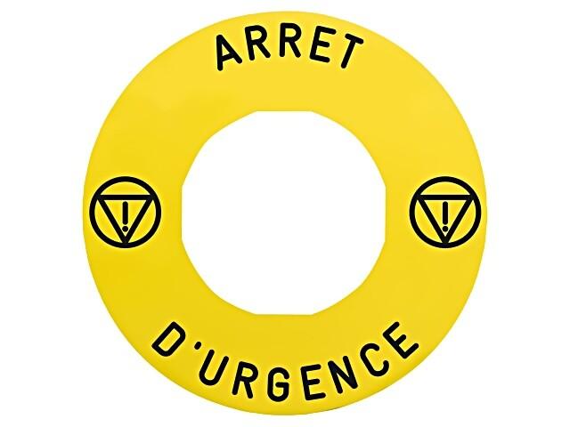 Legend holder 60mm for emergency stop, Harmony XB4, plastic, yellow, for padlocking, marked ARRET D'URGENCE