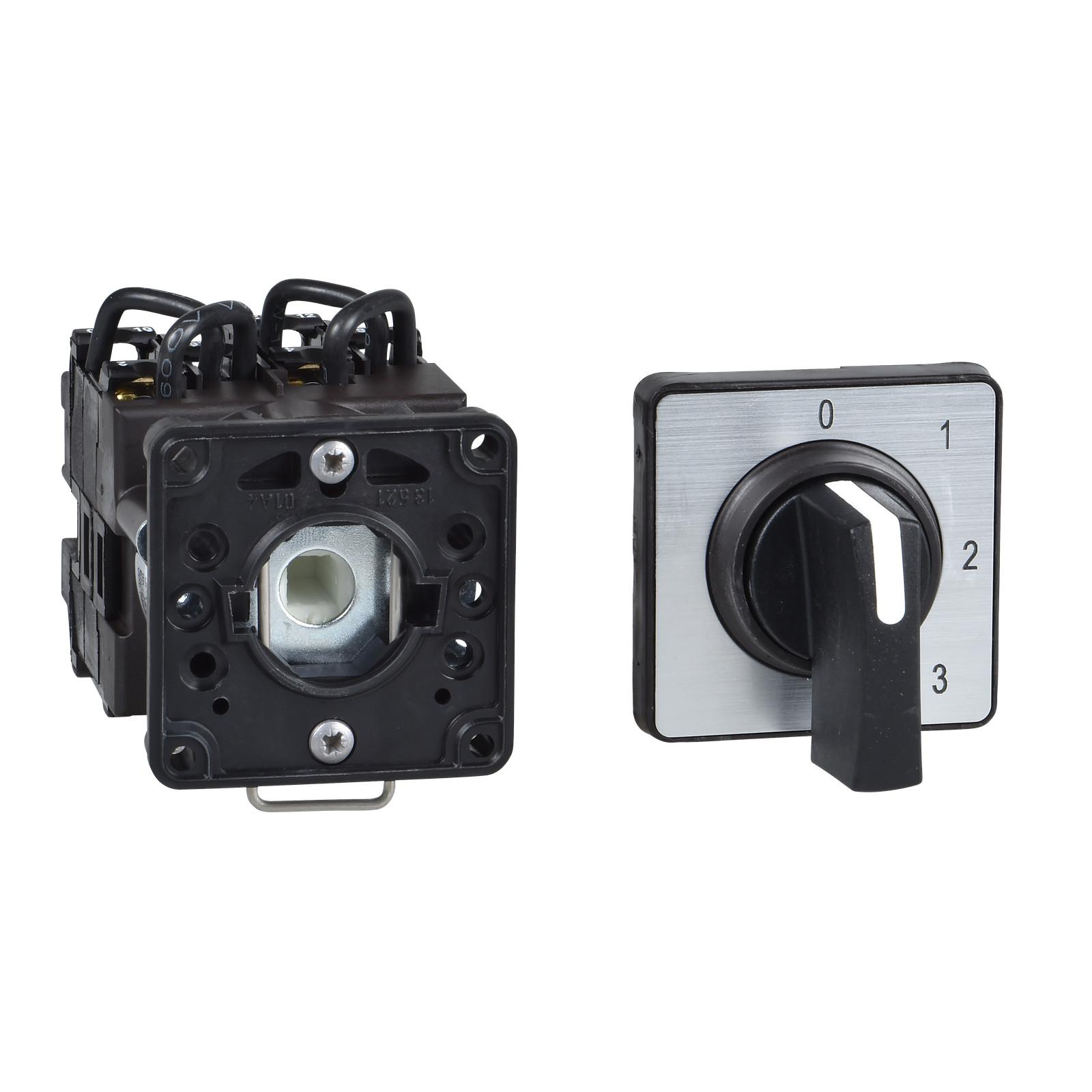 Cam stepping switch, Harmony K, Ø 22mm, plastic, 3 poles, 3 steps position 0, 45°, 12A, 45x45mm,metallic legend, marked 0/1/2/3, 35mm black handle