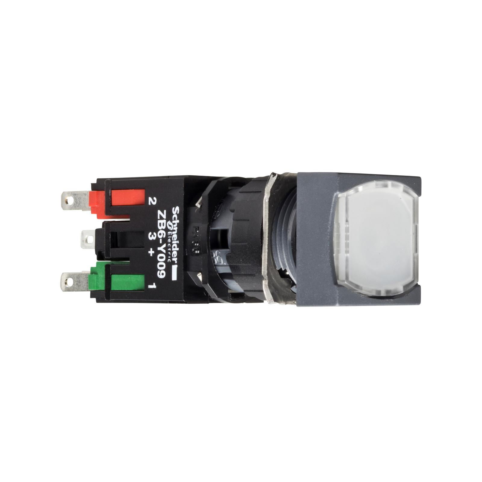 Complete illuminated push button, Harmony XB6, white square flush, 16mm, spring return, 1NO + 1NC, 12...24V