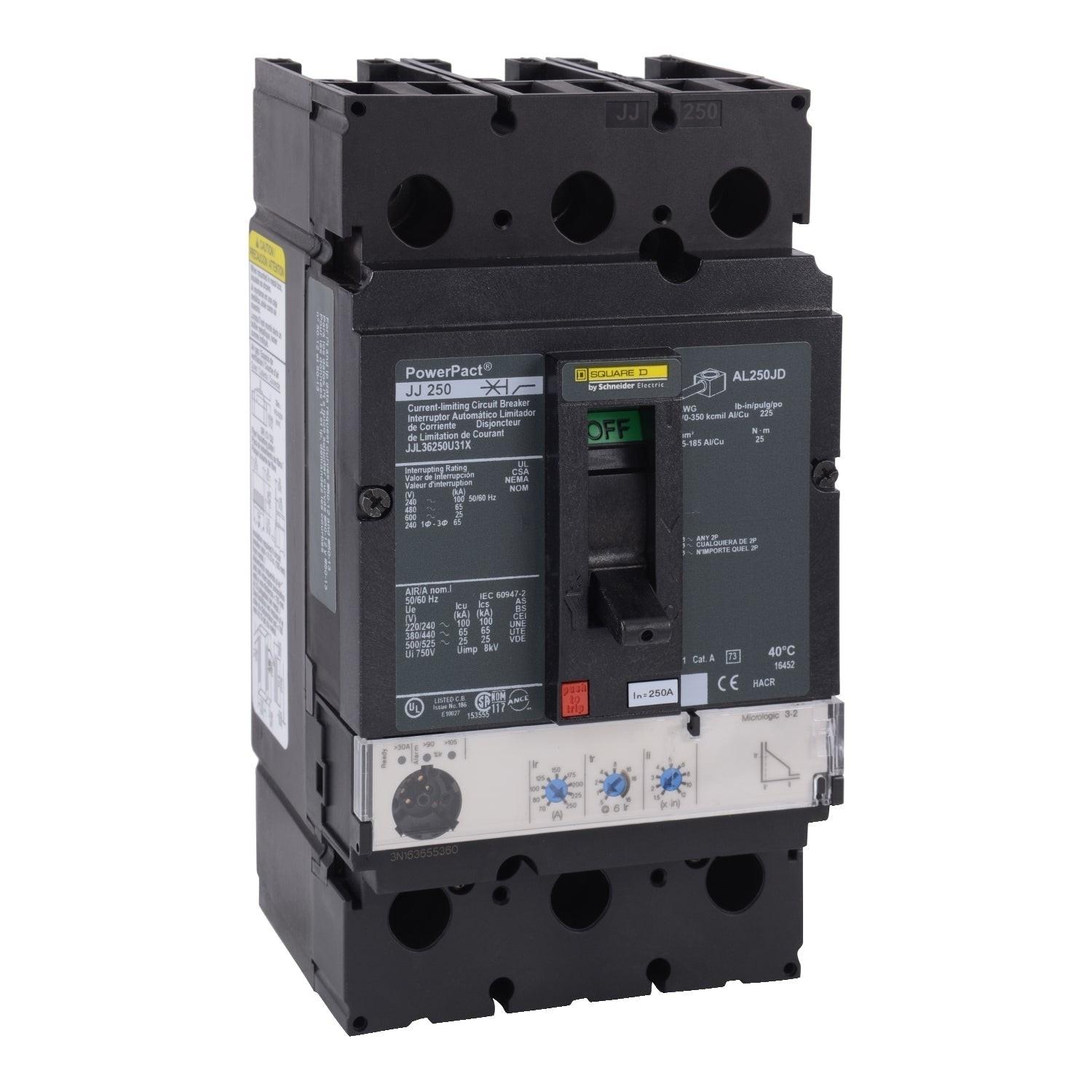 Circuit breaker, PowerPacT J, 250A, 3 pole, 600VAC, 25kA, lugs, Micrologic 3.2, 80%