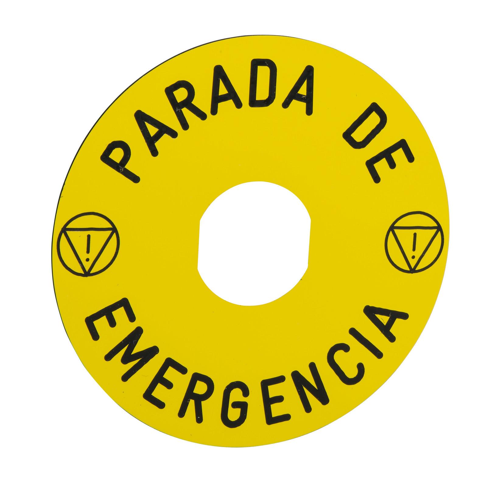Marked legend, Harmony XB4, Harmony XB5, yellow, 90mm, for emergency stop, marked PARADA DE EMERGENCIA/logo ISO13850