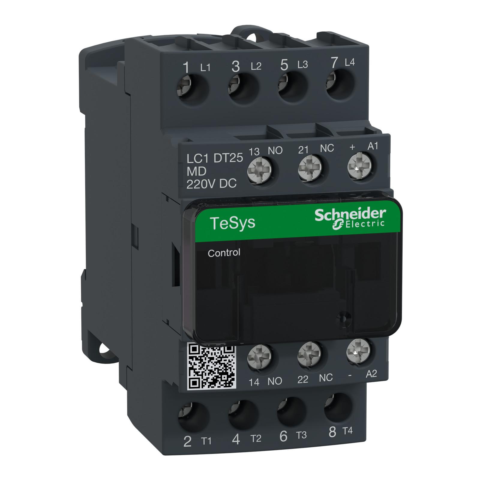 IEC contactor, TeSys Deca, nonreversing, 25A resistive, 4 pole, 4 NO, 220VDC coil, open style