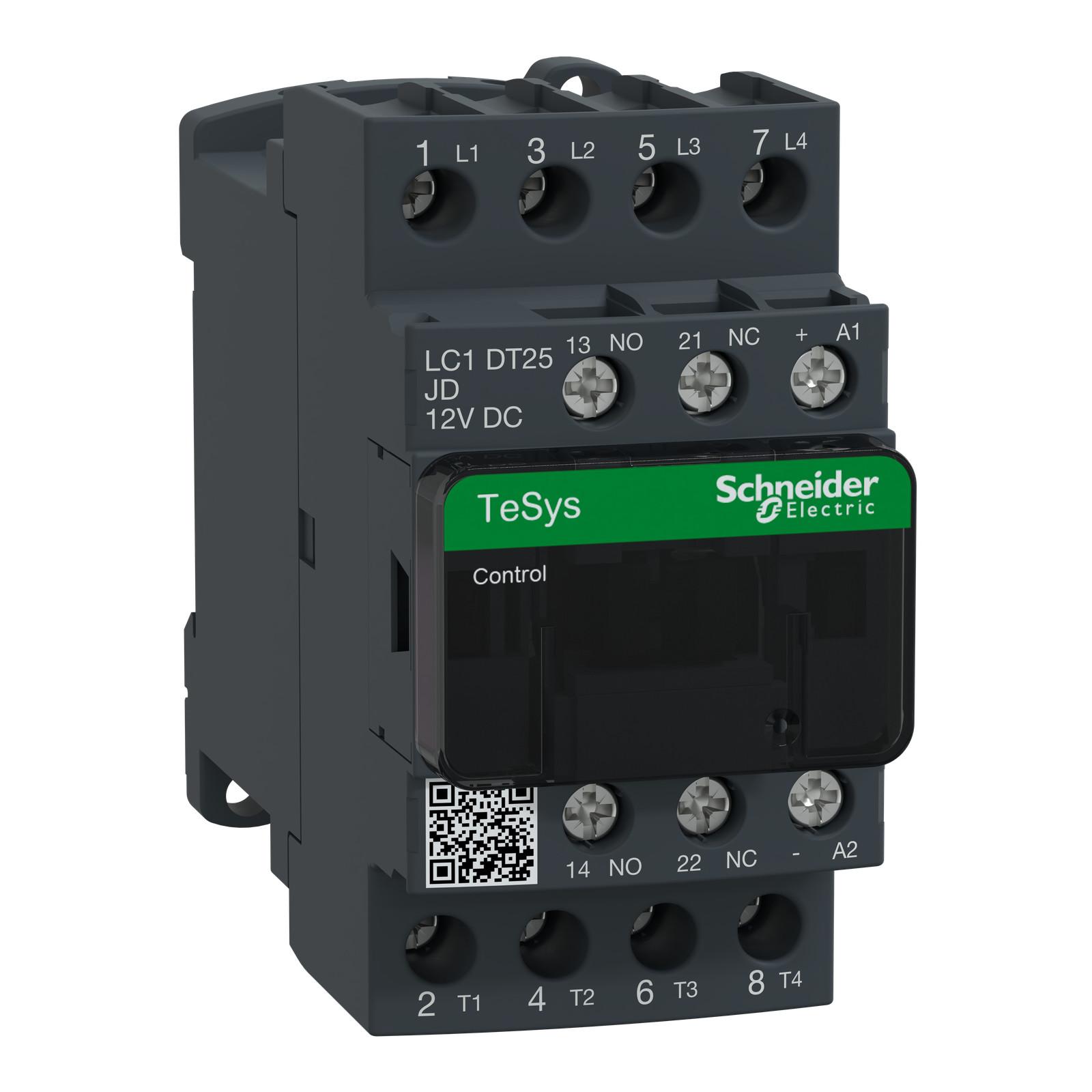 IEC contactor, TeSys Deca, nonreversing, 25A resistive, 4 pole, 4 NO, 12VDC coil, open style