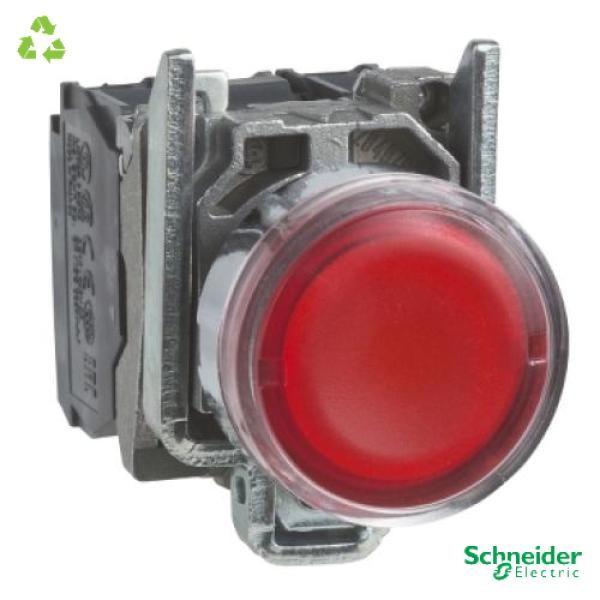 Illuminated push button, Harmony XB4, metal, flush, red, 22mm, spring return, lt 250V, 1NO+1NC
