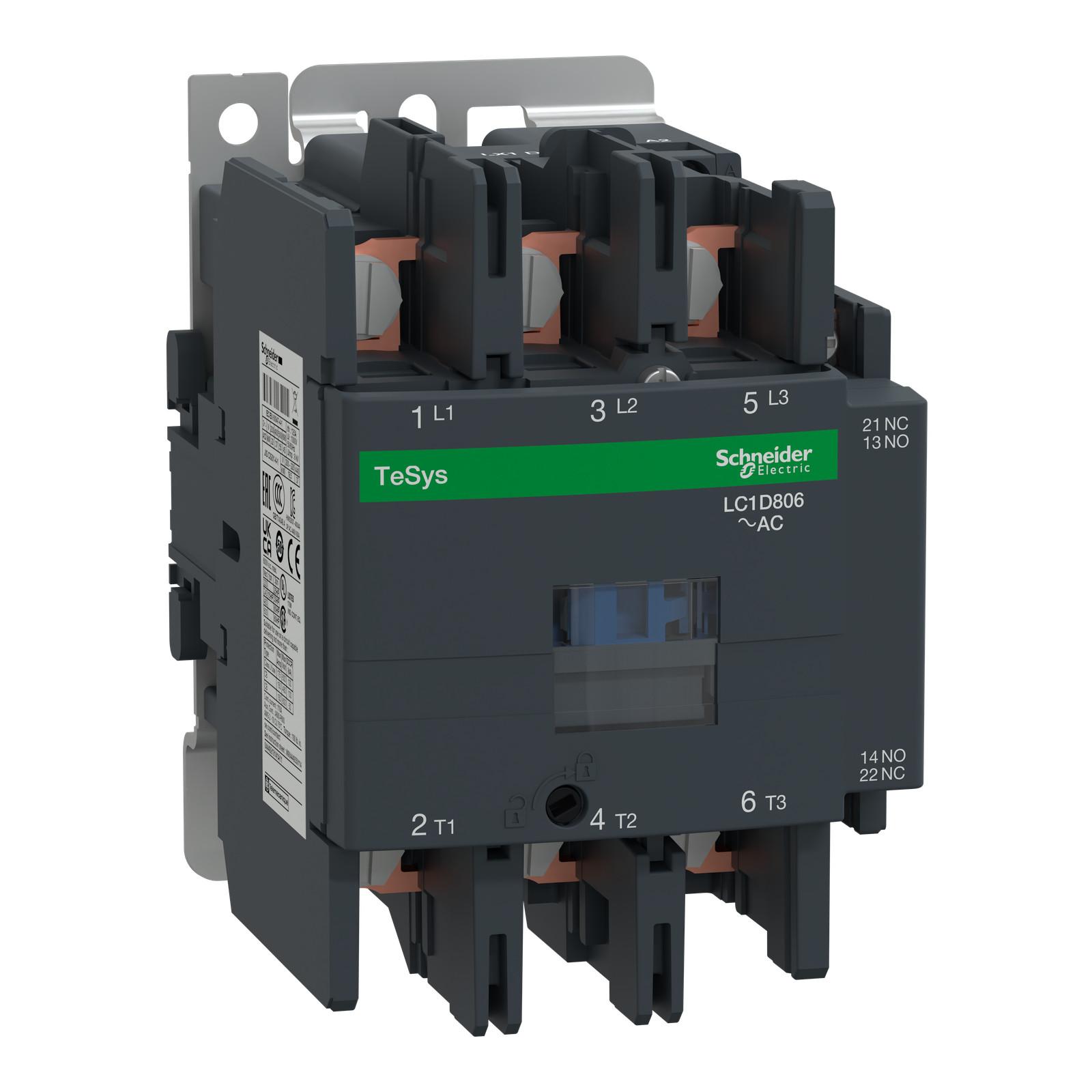 IEC contactor, TeSys Deca, nonreversing, 80A, 60HP at 480VAC, 3 phase, 3 pole, 3 NO, 100VAC 50/60Hz coil, open style