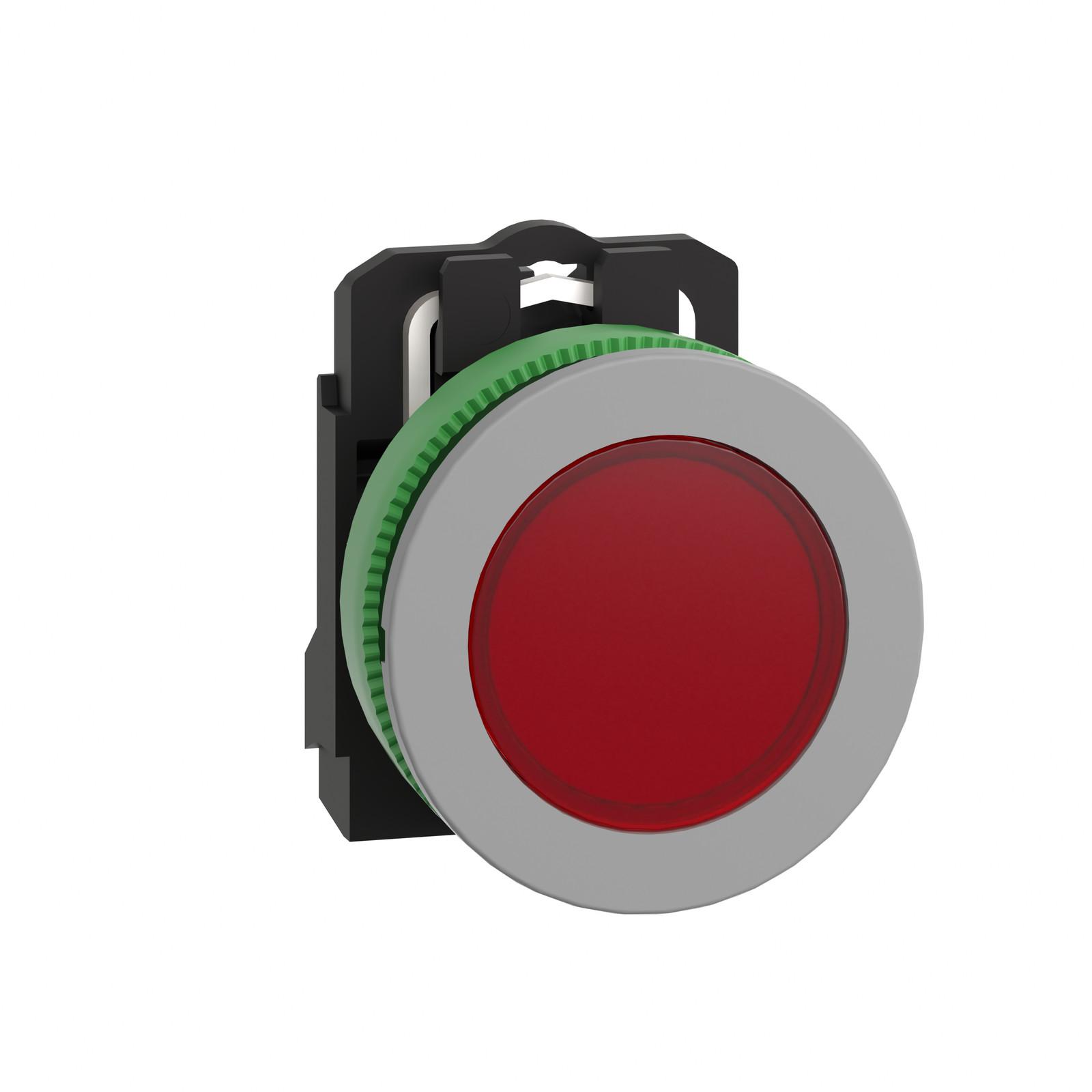 Pilot light, Harmony XB5, red flush mounted, grey bezel, 30mm, universal LED, plain lens, 230â€¦240V