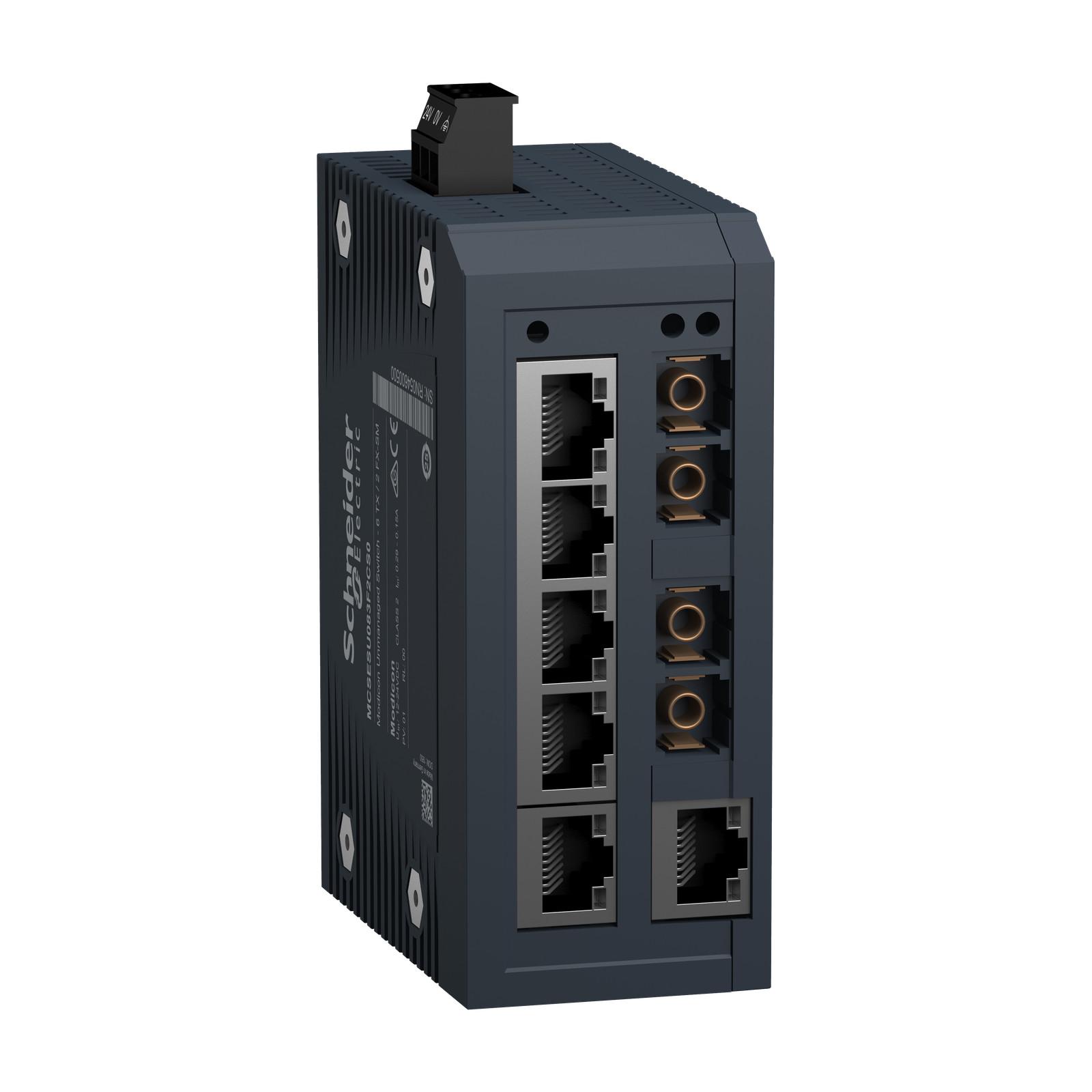 network switch, Modicon Networking, standard unmanaged, 6 ports for copper with 2 ports for singlemode fiber optic