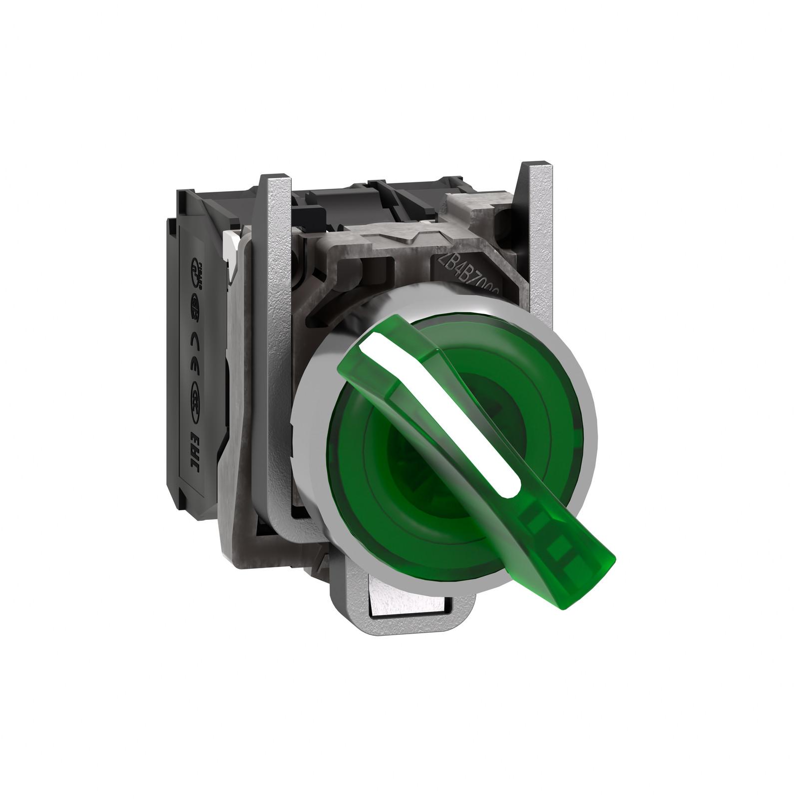 Illuminated selector switch, Harmony XB4, metal, green handle, 22mm, universal LED, 2 positions, 1NO + 1NC, 230...240V AC