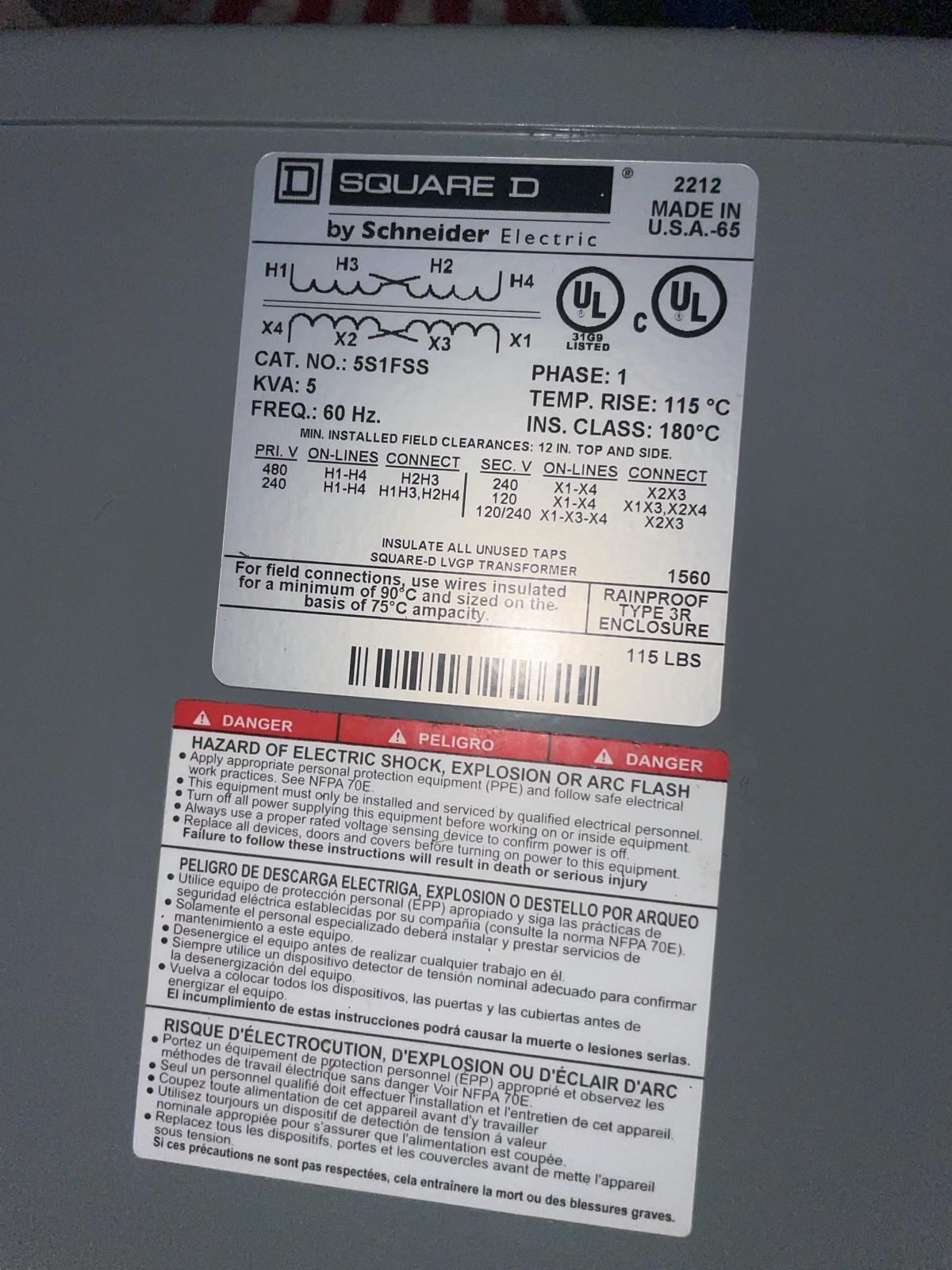 Transformer, dry type, encapsulated, 5kVA, 1 phase, 240x480V primary, 120/240V secondary, 13B, 115C rise