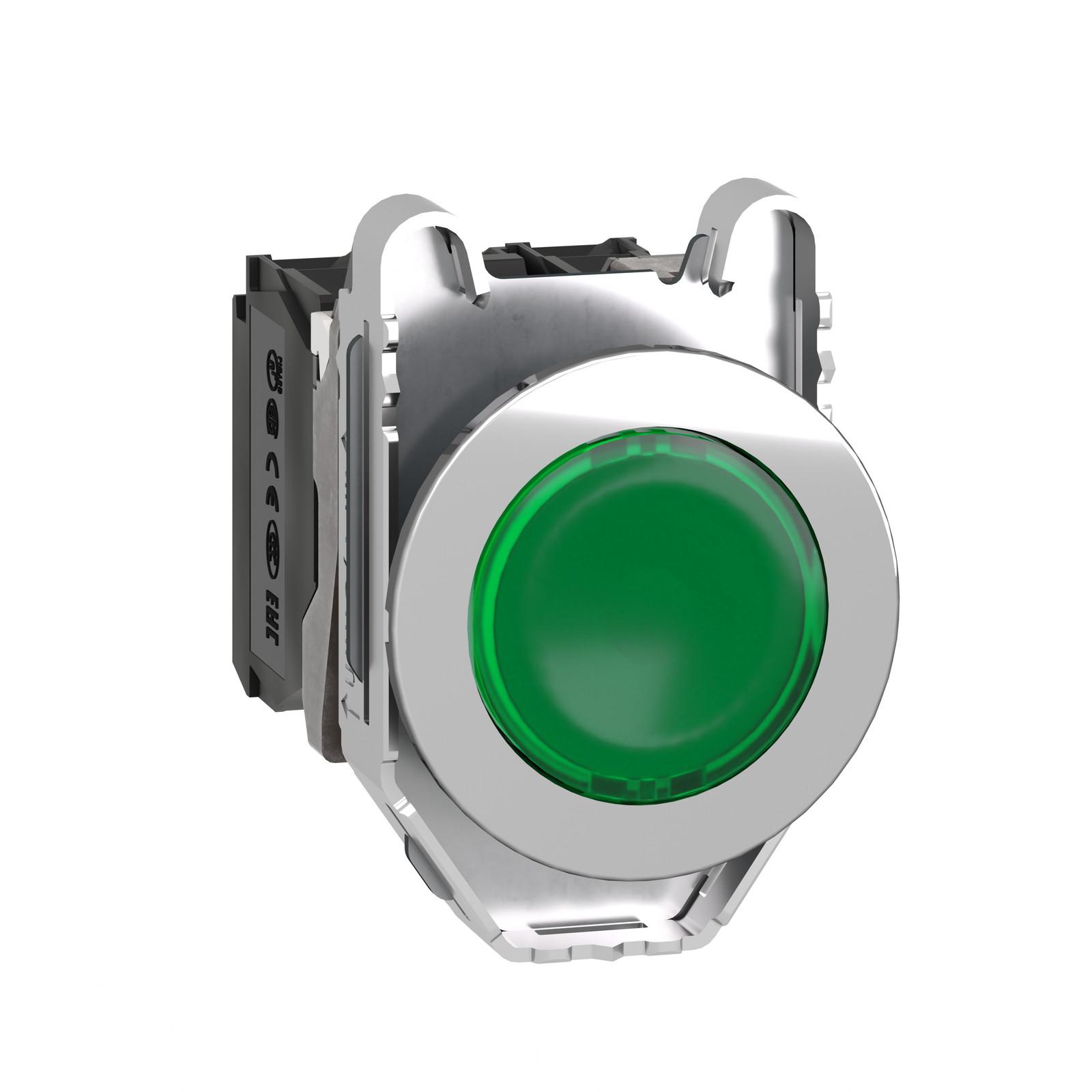 Illuminated push button, Harmony XB4, metal, green flush mounted, 30mm, universal LED, plain lens, 1NO + 1NC, 24V AC DC