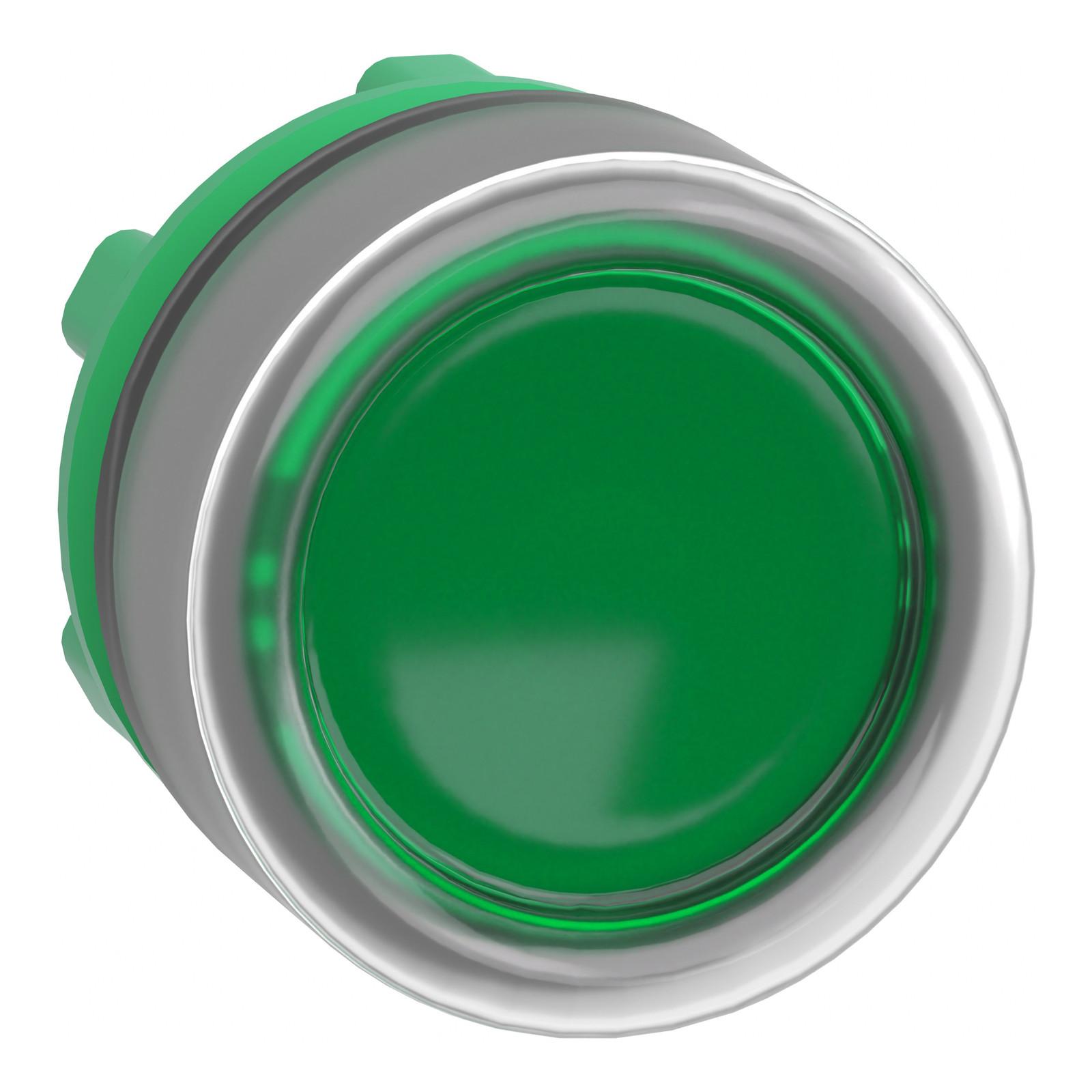 Head for illuminated push button, Harmony XB5, grey bezel, green flush, 22mm, universal LED, plain lens, clear boot