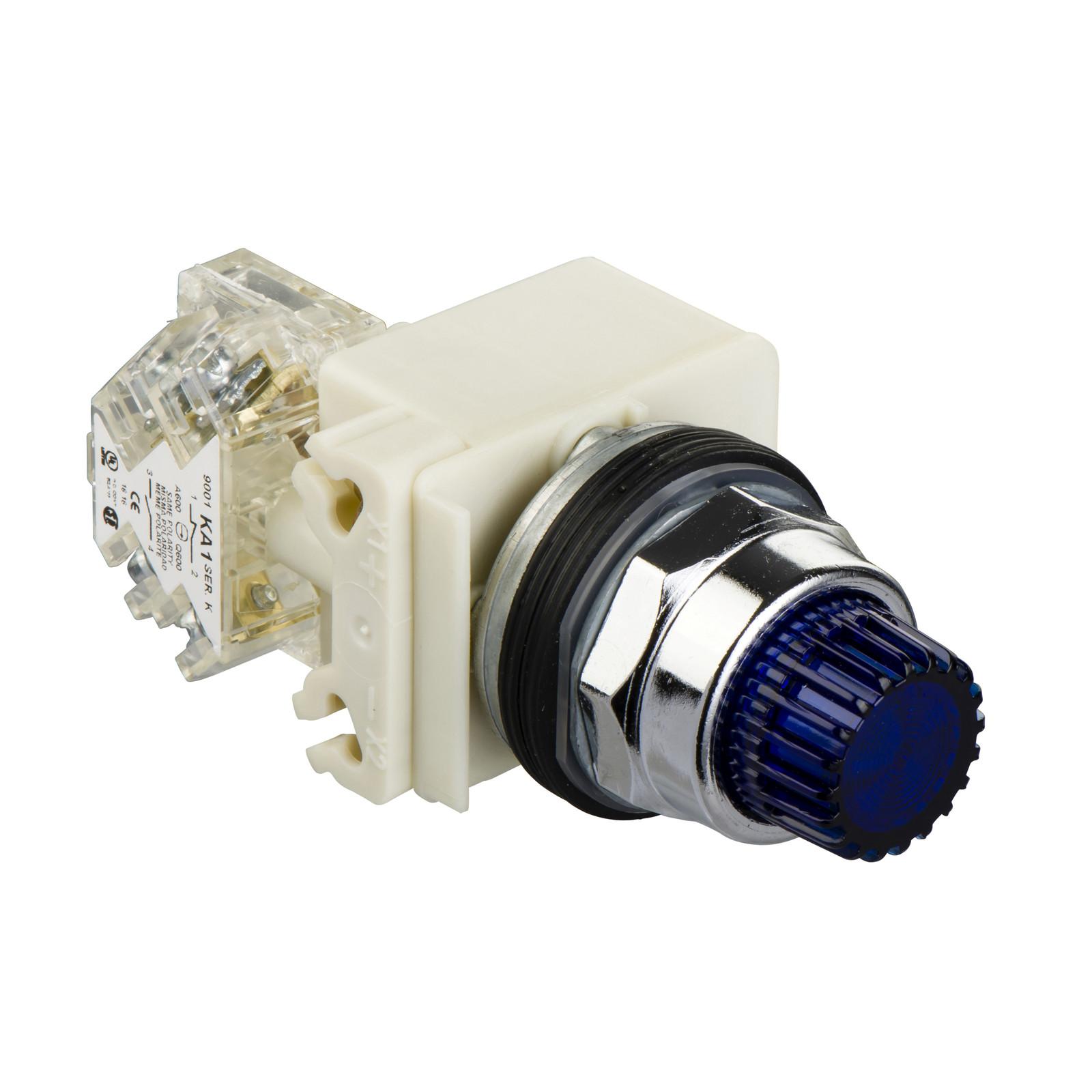 Illuminated push-button, Harmony 9001K, metal, projecting, blue, 30mm, spring return, 24-28V, 1 C/O