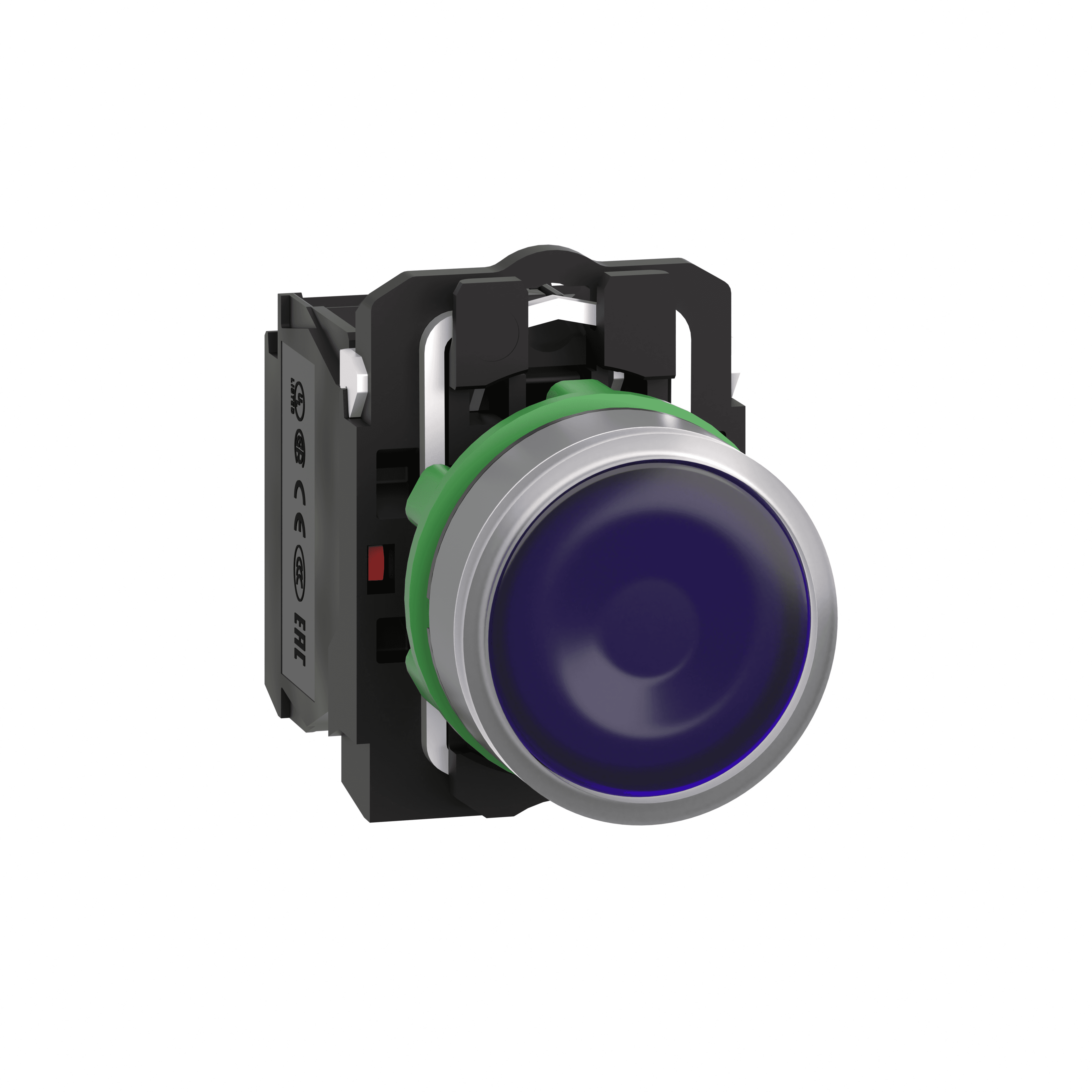 Illuminated push button, Harmony XB5, grey bezel, blue flush, 22mm, universal LED, spring return, 1NO + 1NC, 230V