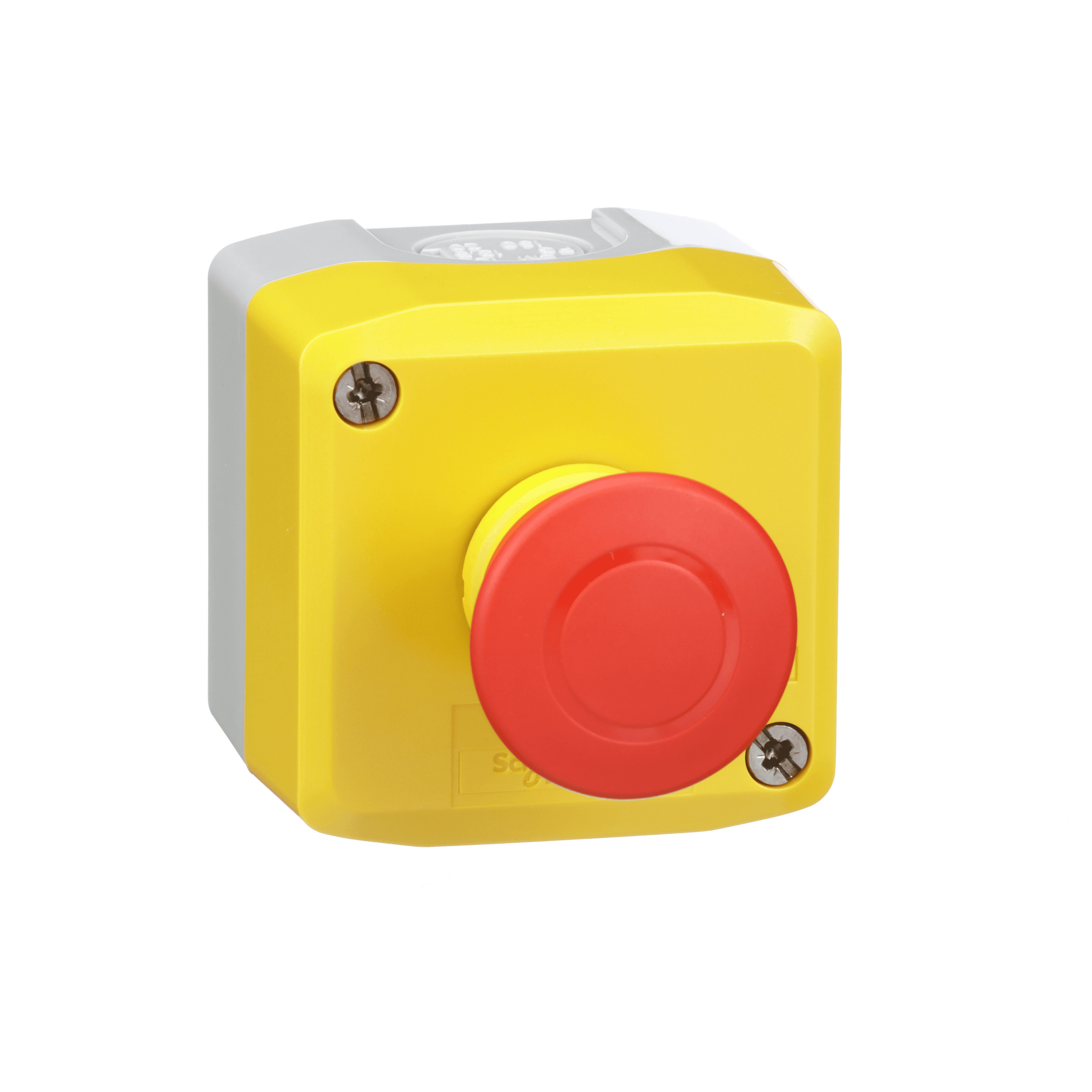 Control station, Harmony XALD, XALK, plastic, yellow, 1 red mushroom head push button 40mm, emergency stop push pull 1 NC, unmarked