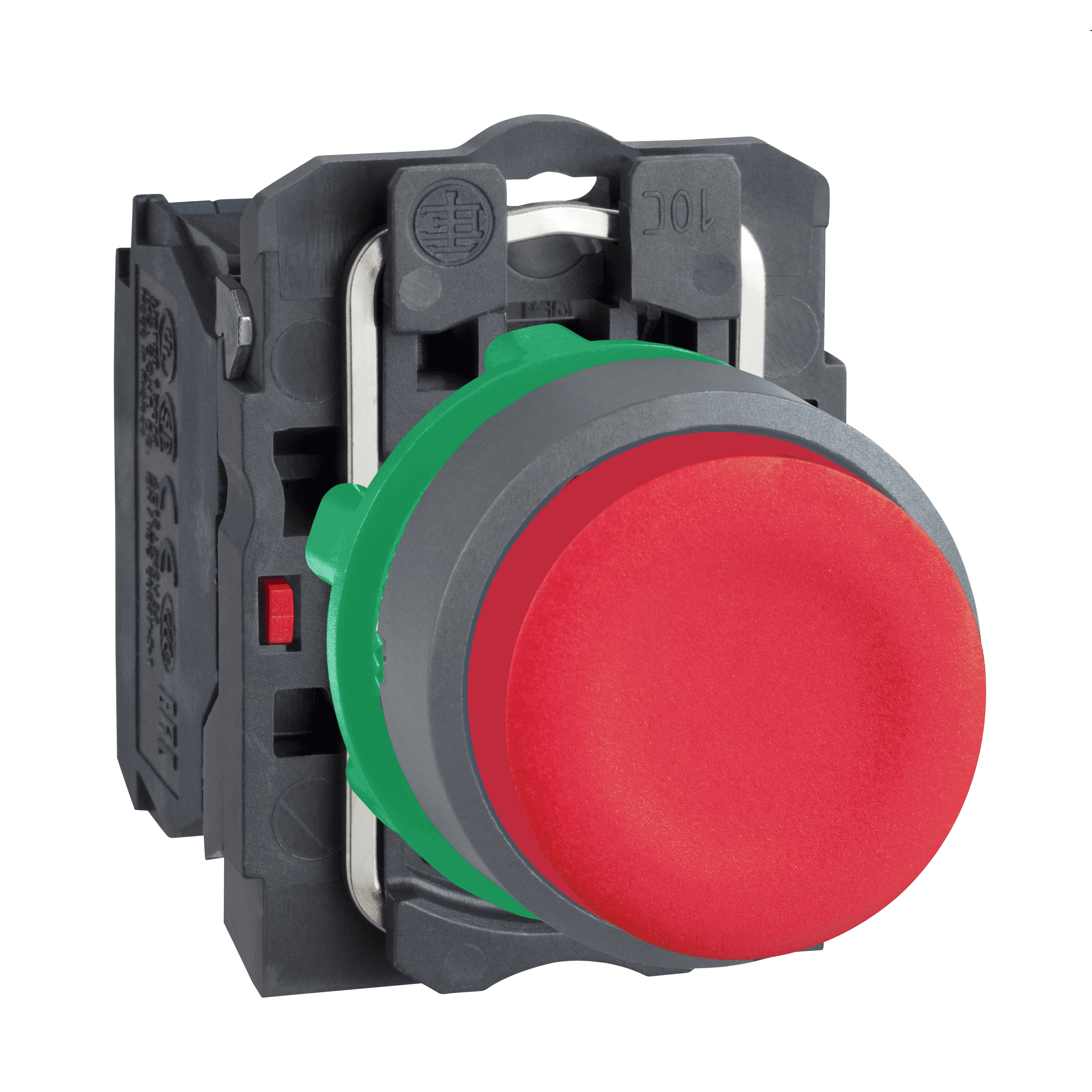 Push button, Harmony XB5, red projecting, grey bezel, 22mm, spring return, 1NC, unmarked