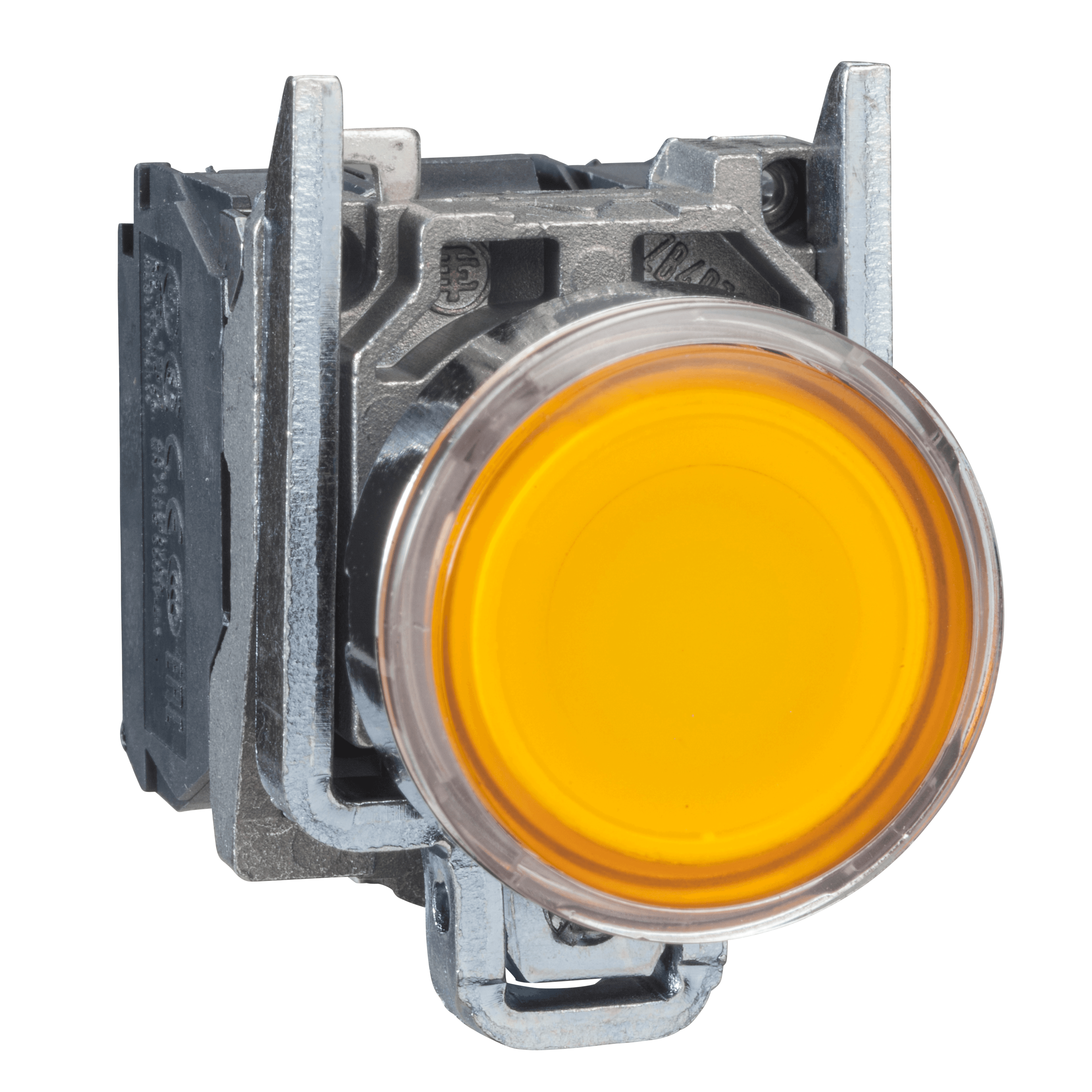 Illuminated push button, Harmony XB4, metal, flush, orange, 22mm, spring return, lt 250V, 1NO+1NC