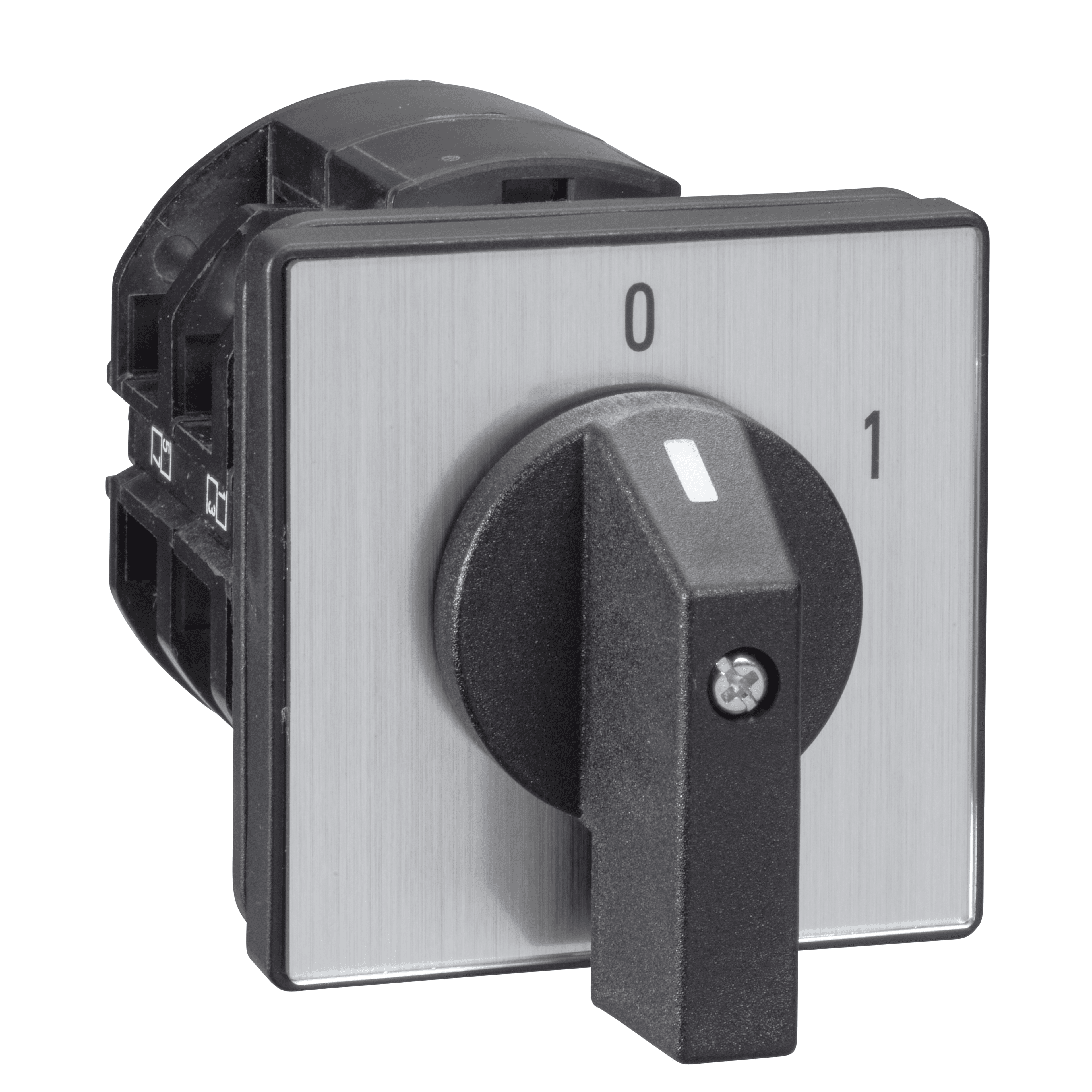 Complete cam switch, Harmony K, switch, 64 x 64mm, 4P, with off position, 90 degree angle, 50A, black marked OFF-ON,screw mounting