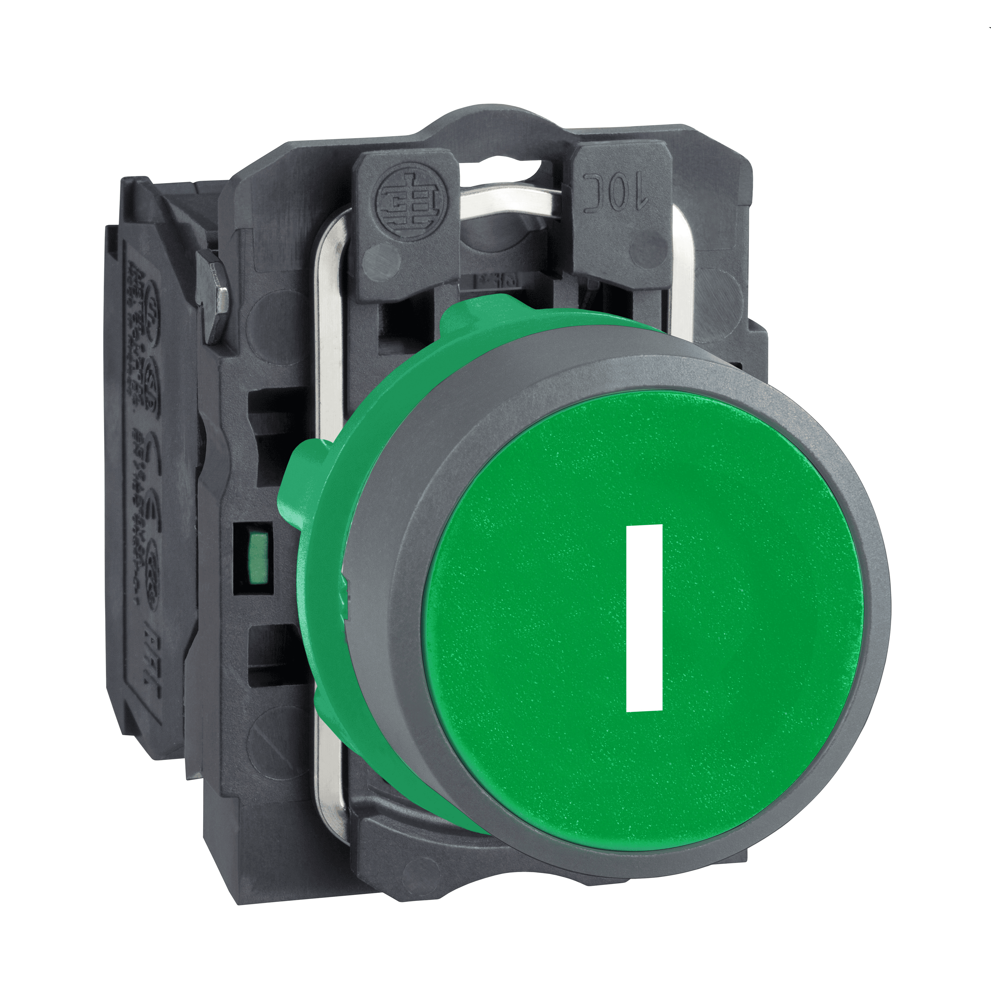 Push button, Harmony XB5, green flush, grey bezel, 22mm, spring return, 1NO, white marked I