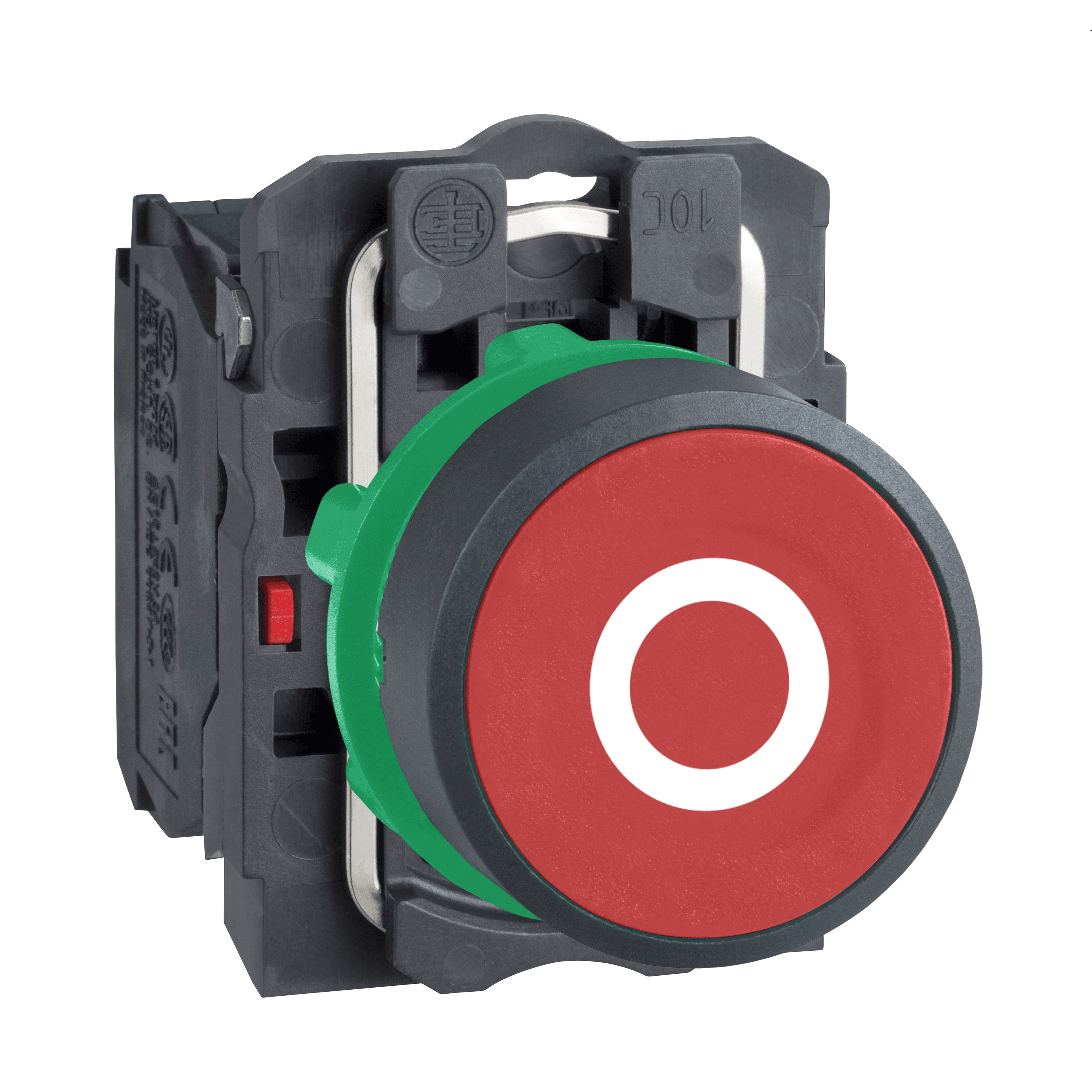 Push button, Harmony XB5, plastic, flush, red, 22mm, spring return, marked O, 1NC