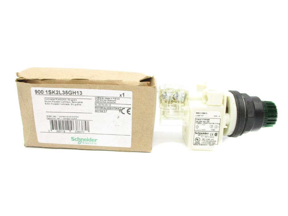 Illuminated push-button, Harmony 9001SK, plastic, projecting, green, 30mm, spring return, 24-28V, 1 C/O