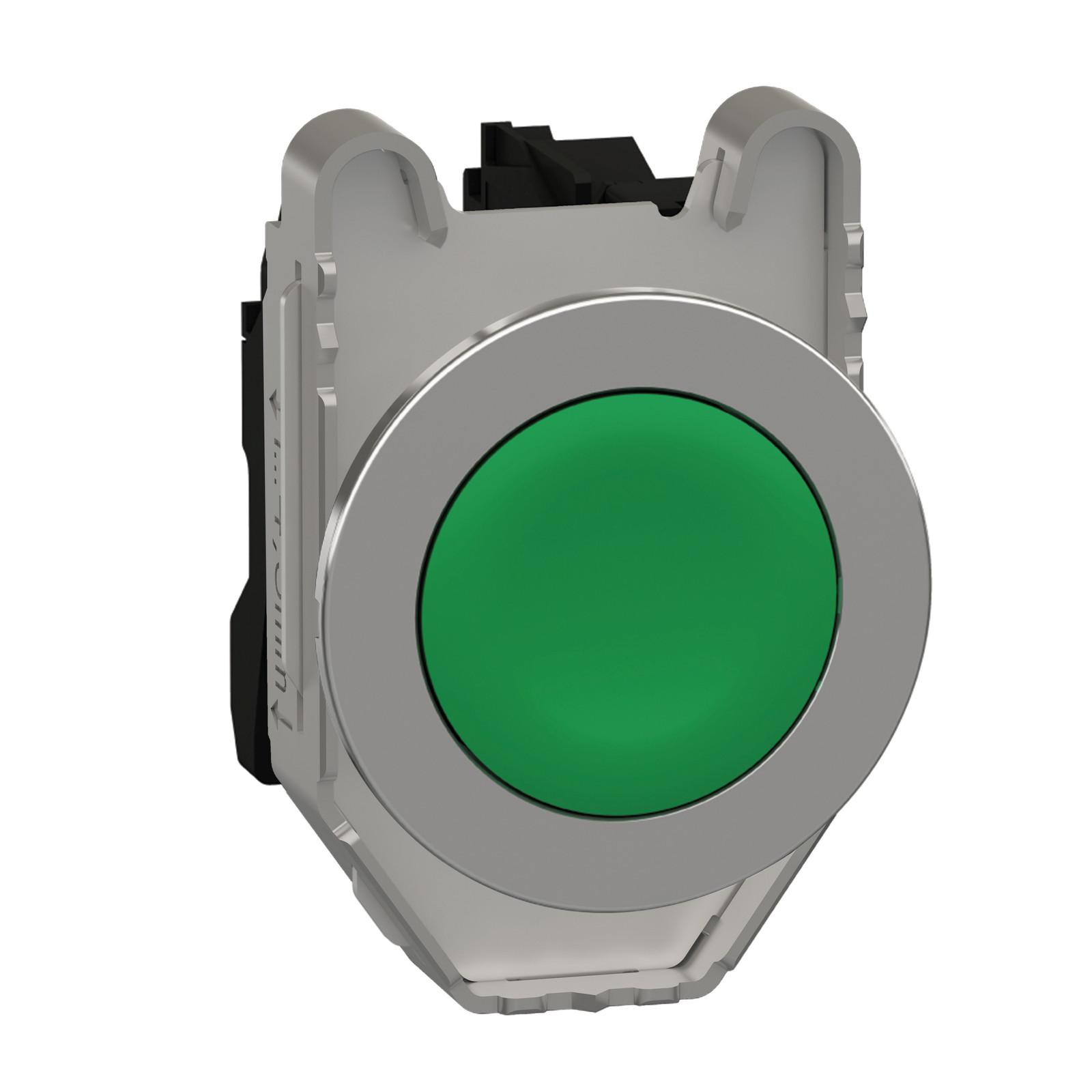 Push button flush mounted, Harmony XB4, metal, green, 30mm, spring return, unmarked, 1NO
