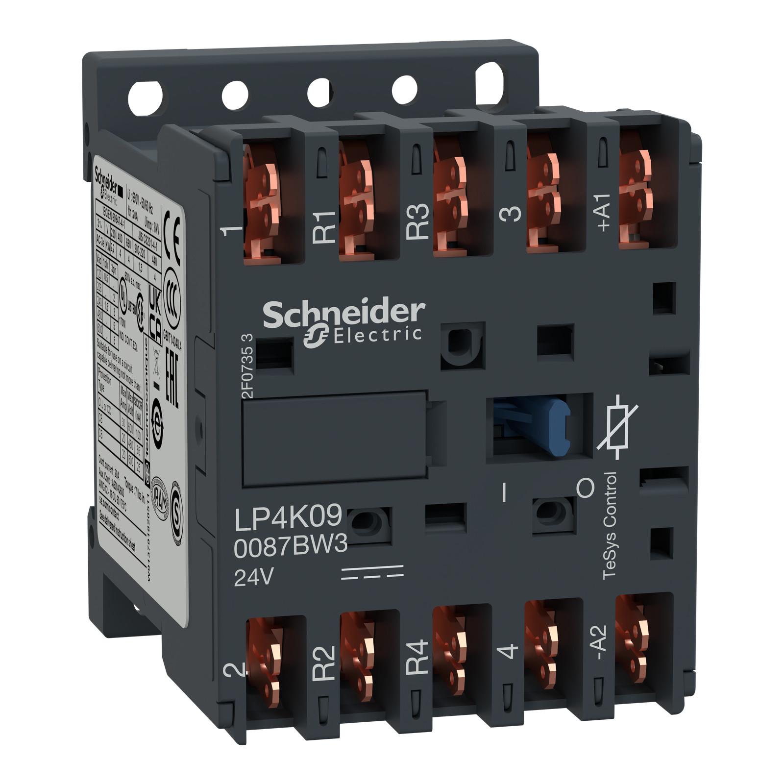 Contactor, TeSys K, 4P, 2 NO + 2 NC, AC-1, lt or eq to 440V, 20A, 24VDC coil