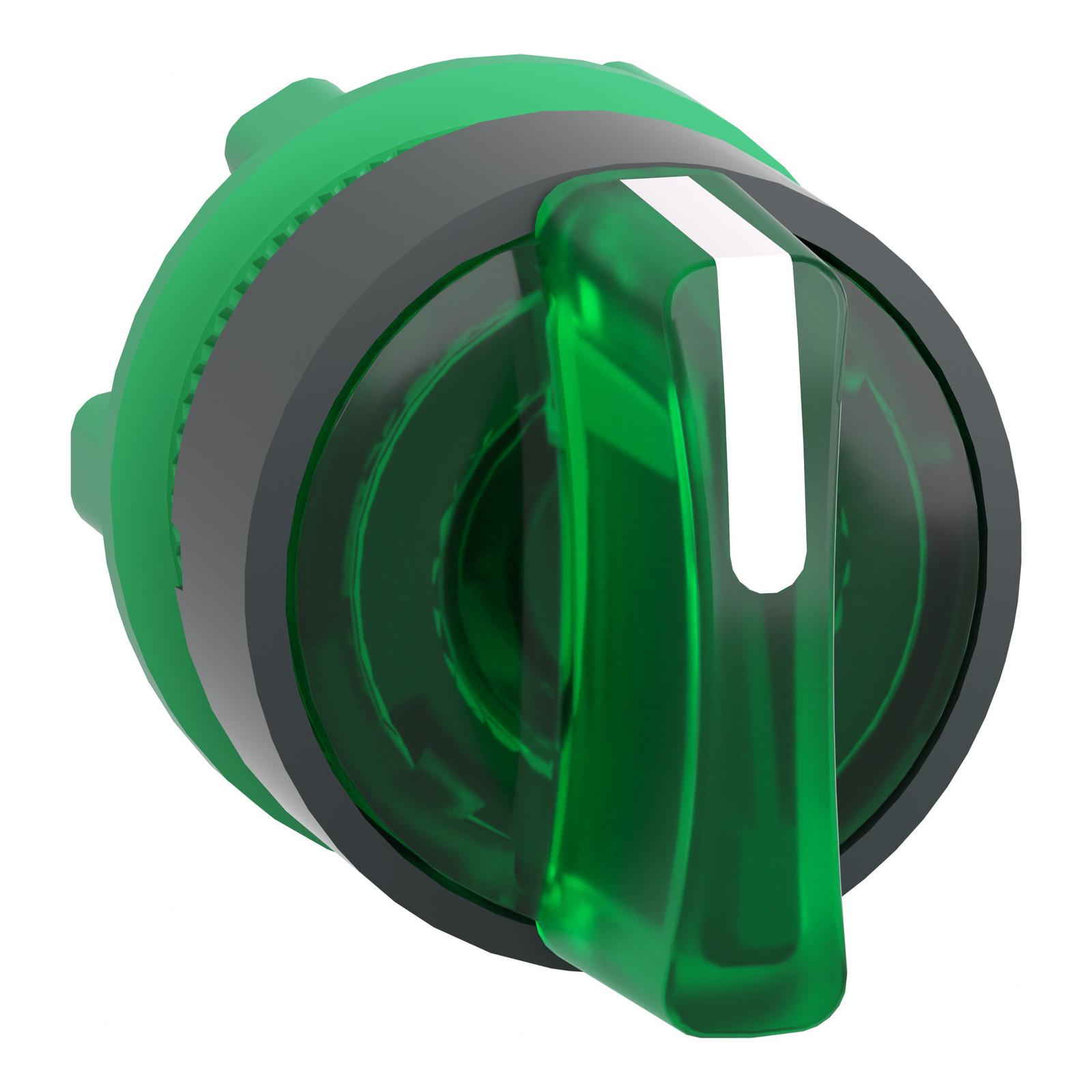 Head for illuminated selector switch, Harmony XB5, dark grey plastic, green handle, 22mm, universal LED, 3 positions,