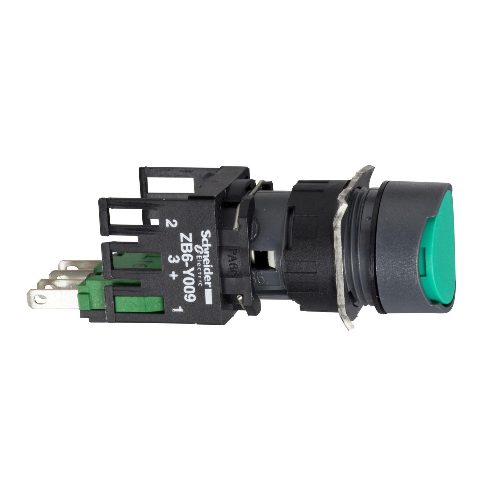 Complete push button, Harmony XB6, green flush pushbutton, 16mm, spring return, 1NO + 1NC, unmarked