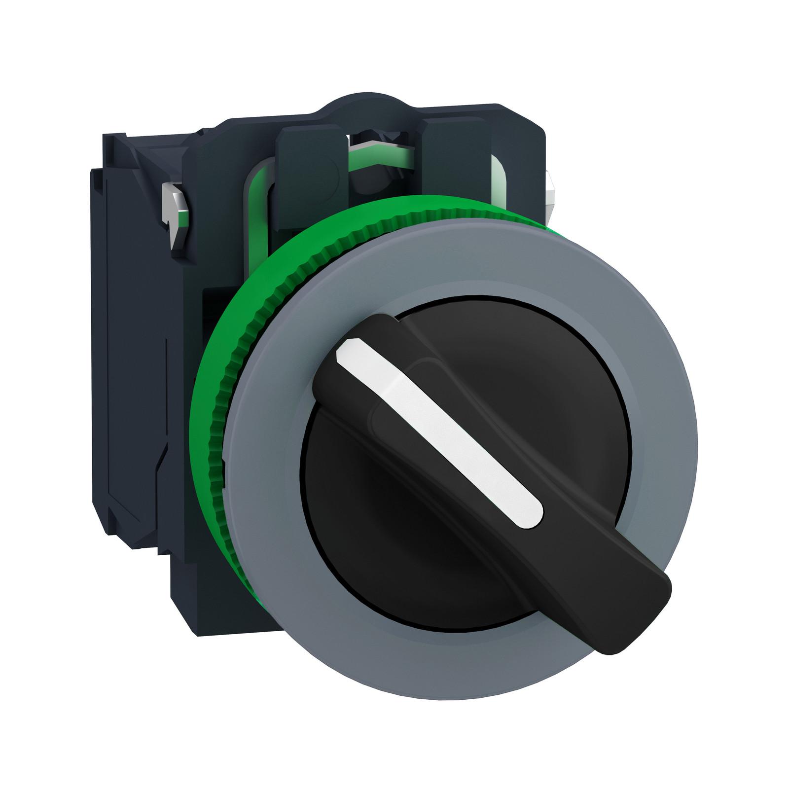 Selector switch, Harmony XB5, flush mounted, grey bezel, 30mm, 2 positions, black standard handle, stay put, 1NO + 1NC