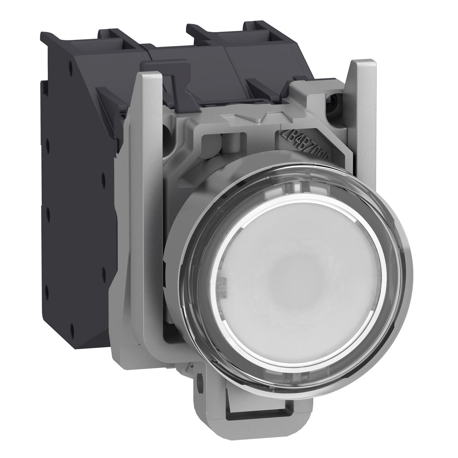 Complete illuminated push button, Harmony XB4 - ATEX D, metal, white flush, 22mm, spring return, booted, 1NO, 24...254V AC/DC