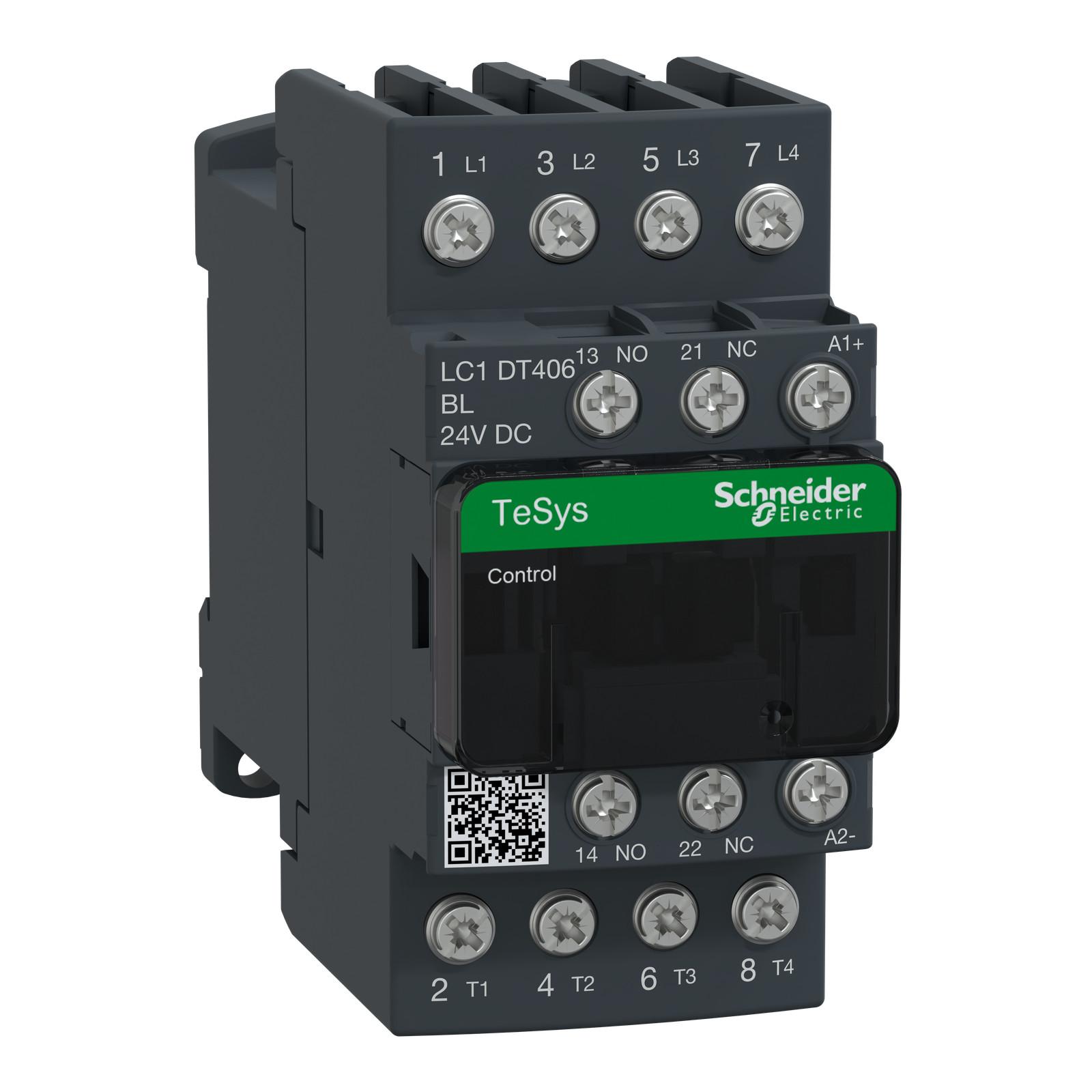 IEC contactor, TeSys Deca, nonreversing, 40A resistive, 4 pole, 4 NO, low consumption 24VDC coil, open style