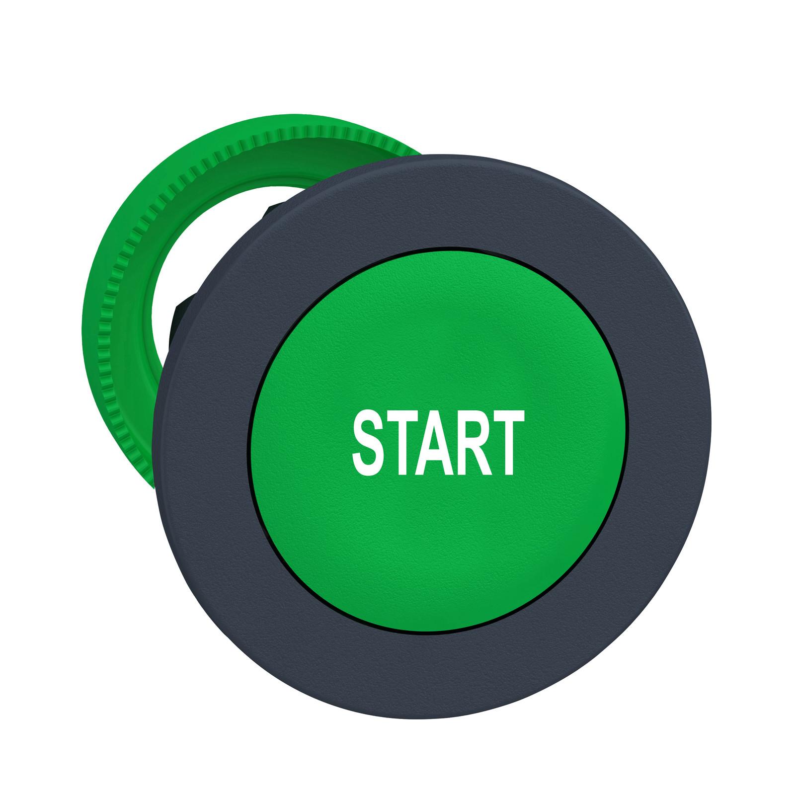 Antimicrobial Flush mounted projecting push button head, Harmony XB5, plastic, green, 30mm, spring return, marked START
