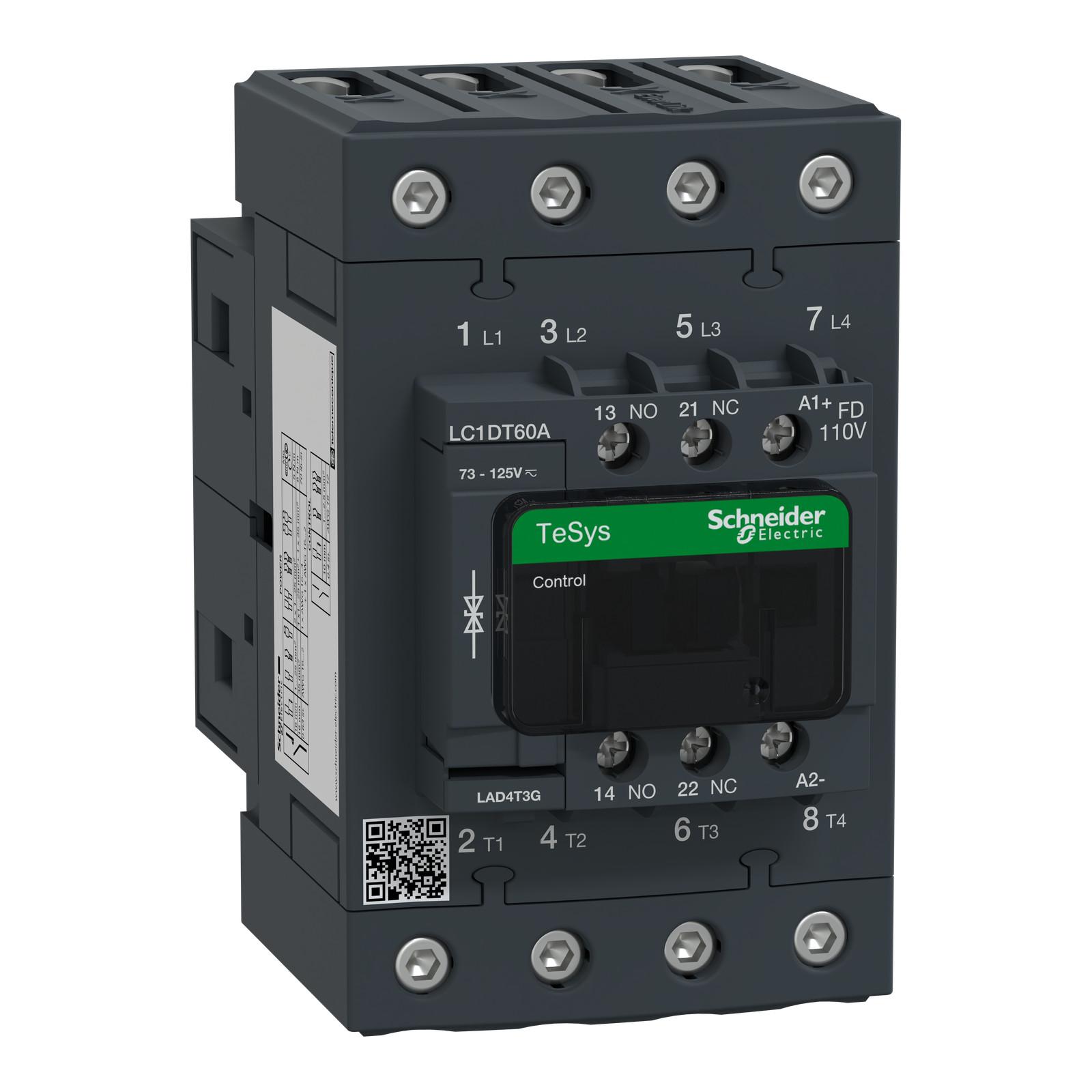 IEC contactor, TeSys Deca, nonreversing, 60A resistive, 4 pole, 4 NO, 110VDC coil, open style
