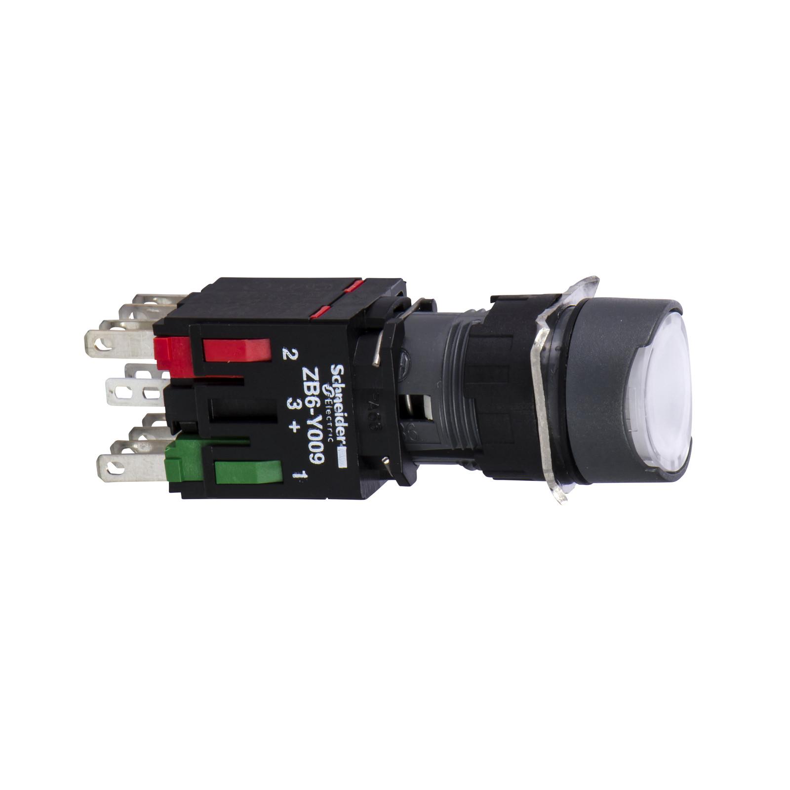 Complete illuminated push button, Harmony XB6, white flush, 16mm, spring return, 1NO + 1NC, 12...24V