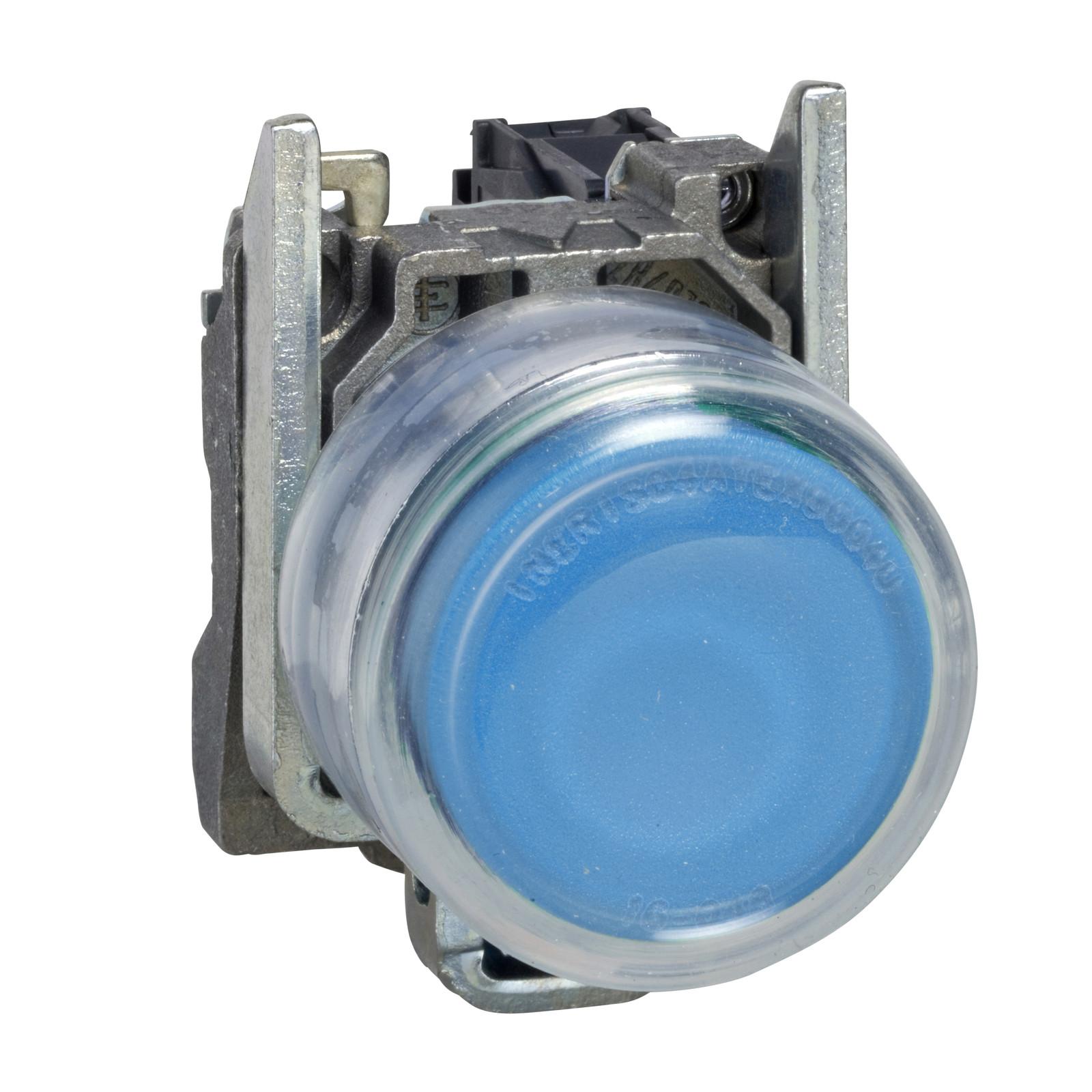 Push button, Harmony XB4, metal, projecting, blue, 22mm, spring return, booted, unmarked, 1NO