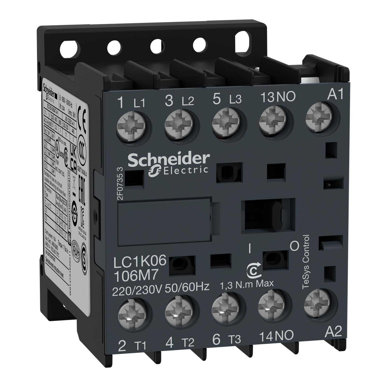 Contactor, TeSys K, 3P, AC-3, lt or eq to 440V 16A, 1 NO aux., 220 to 230VAC coil