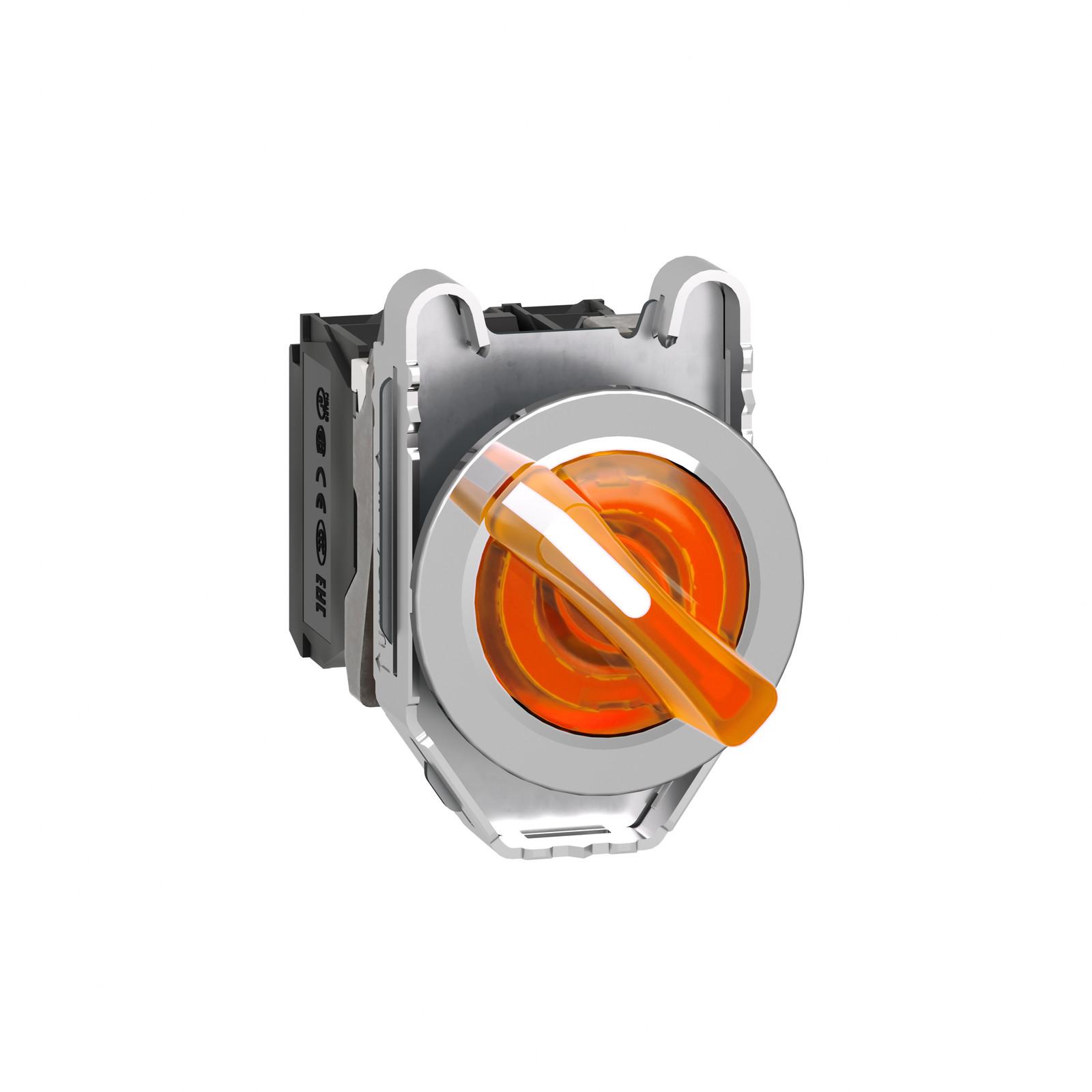 Illuminated selector switch, Harmony XB4, metal, orange handle, 30mm, universal LED, 2 positions, 1NO + 1NC, 230...240V AC