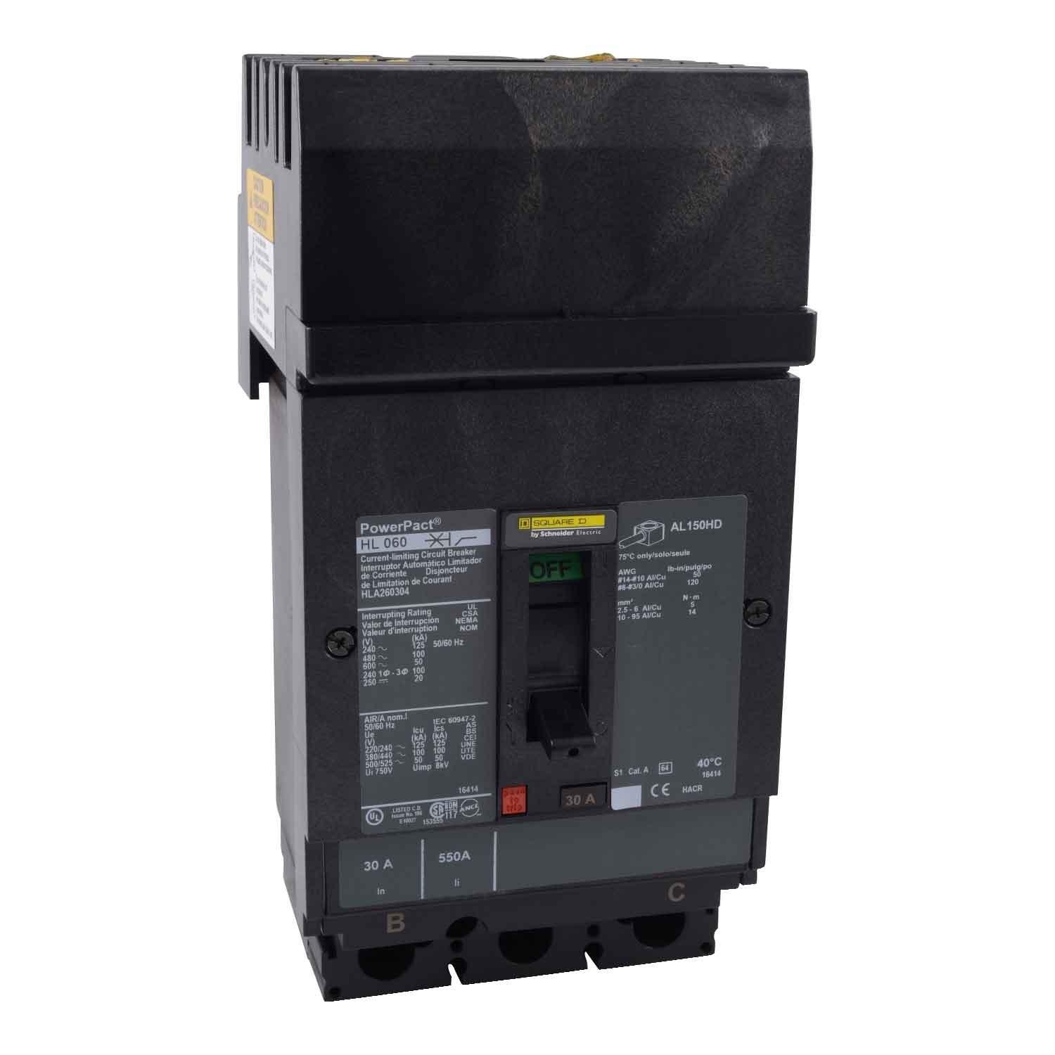 Circuit breaker, PowerPacT H, 25A, 3 pole, 600VAC, 50kA, I-Line, thermal magnetic, 80%, ABC