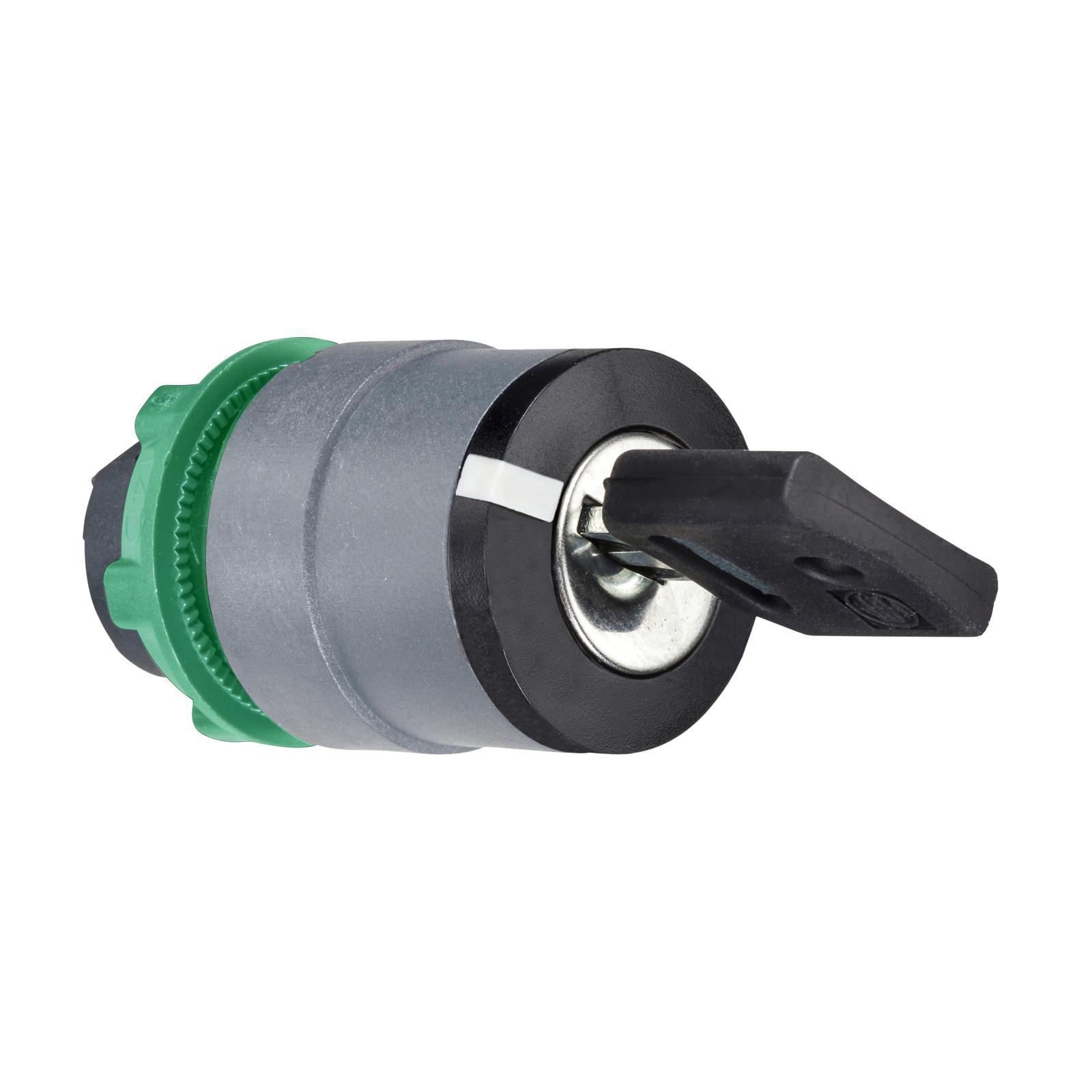 Key switch selector head, Harmony XB5, plastic, black, 22mm, key 421E, 2 positions, stay put, grey bezel