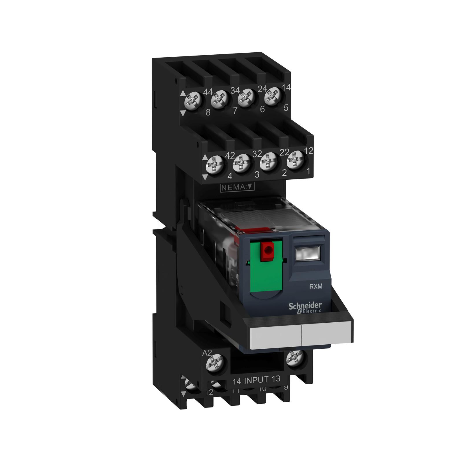 miniature plug in relay pre assembled, Harmony Electromechanical Relays, 6A, 4CO, lockable test but to n, mixed terminals socket, 24V AC