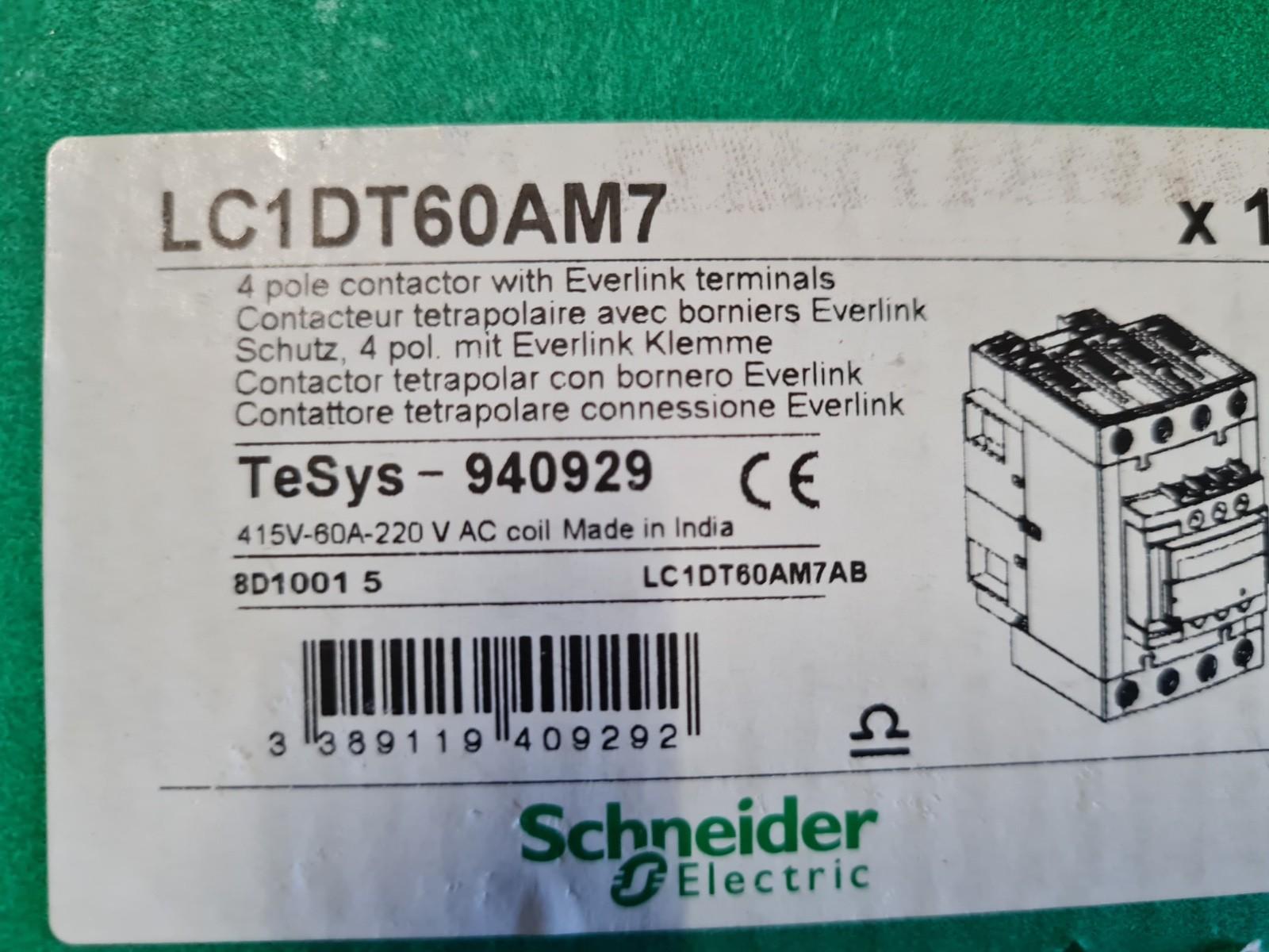 IEC contactor, TeSys Deca, nonreversing, 60A resistive, 4 pole, 4 NO, 220VAC 50/60Hz coil, open style